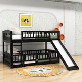 Twin Over Twin Low Bunk Beds with Slide and Fence - [Interchangeable Ladder, Floor]