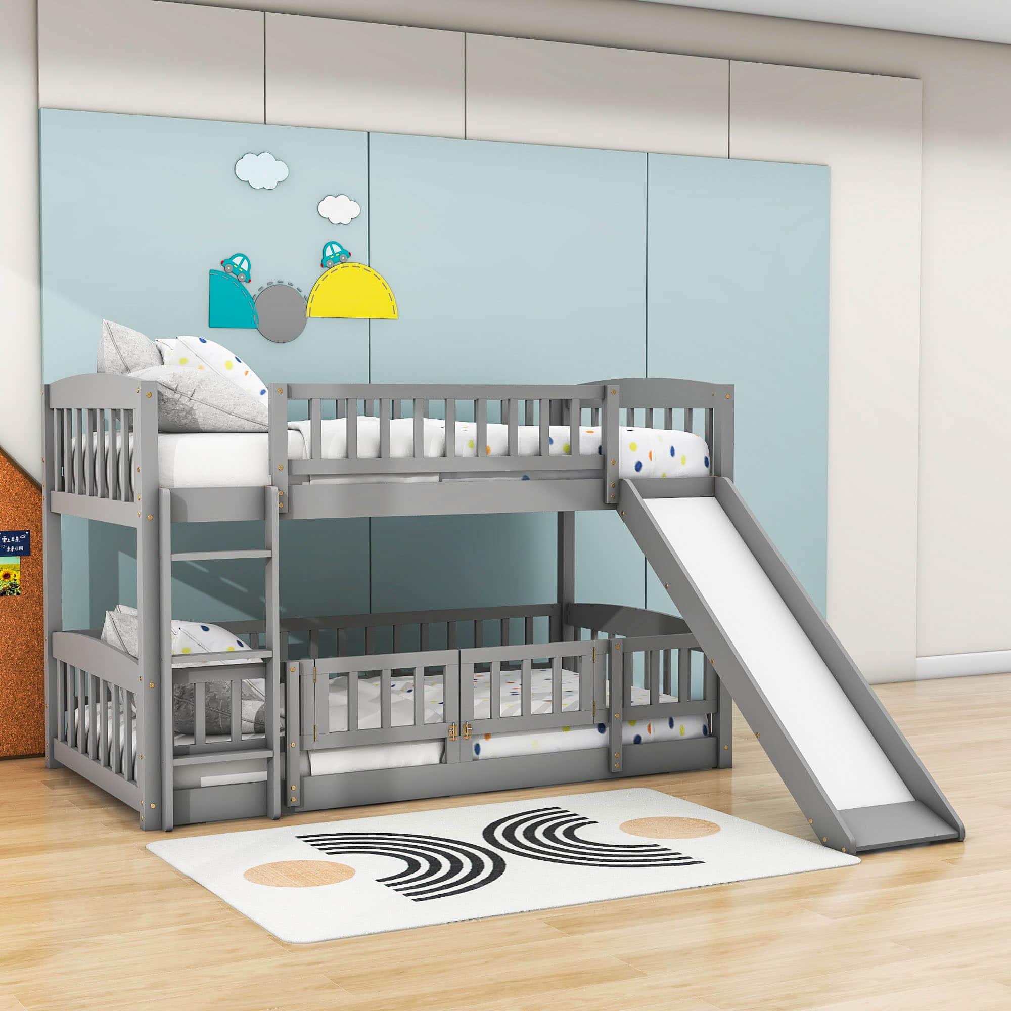 Twin Over Twin Low Bunk Beds with Slide and Fence - [Interchangeable Ladder, Floor]