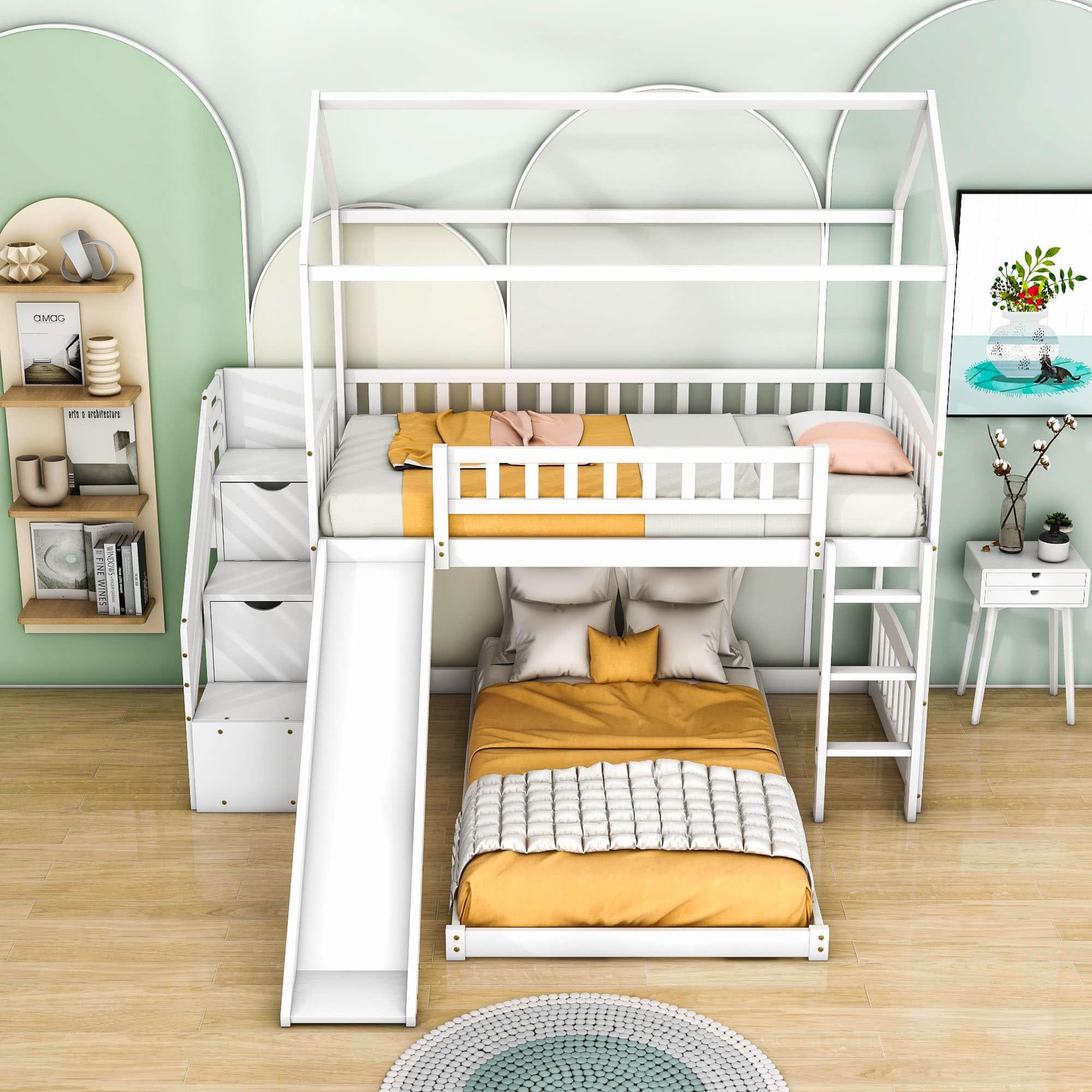 Floor Twin Bunk Beds for Toddlers Kids with Stairs and Slide - [Wood]