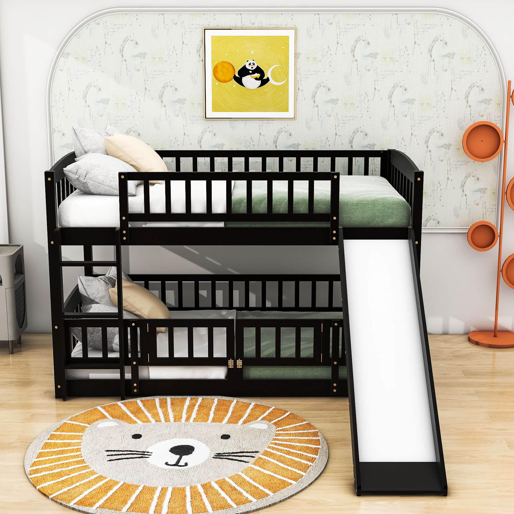 Twin Over Twin Low Bunk Beds with Slide and Fence - [Interchangeable Ladder, Floor]