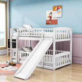 Twin Over Twin Low Bunk Beds with Slide and Fence - [Interchangeable Ladder, Floor]