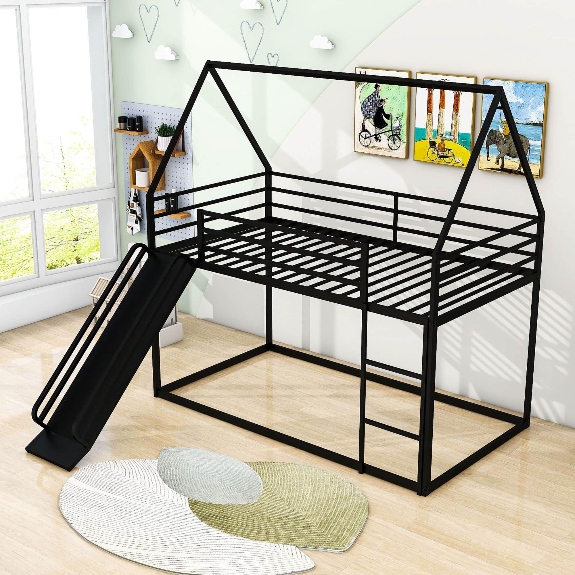 Low Twin Over Twin House Loft Bunk Beds with Slide for Kids, Toddler