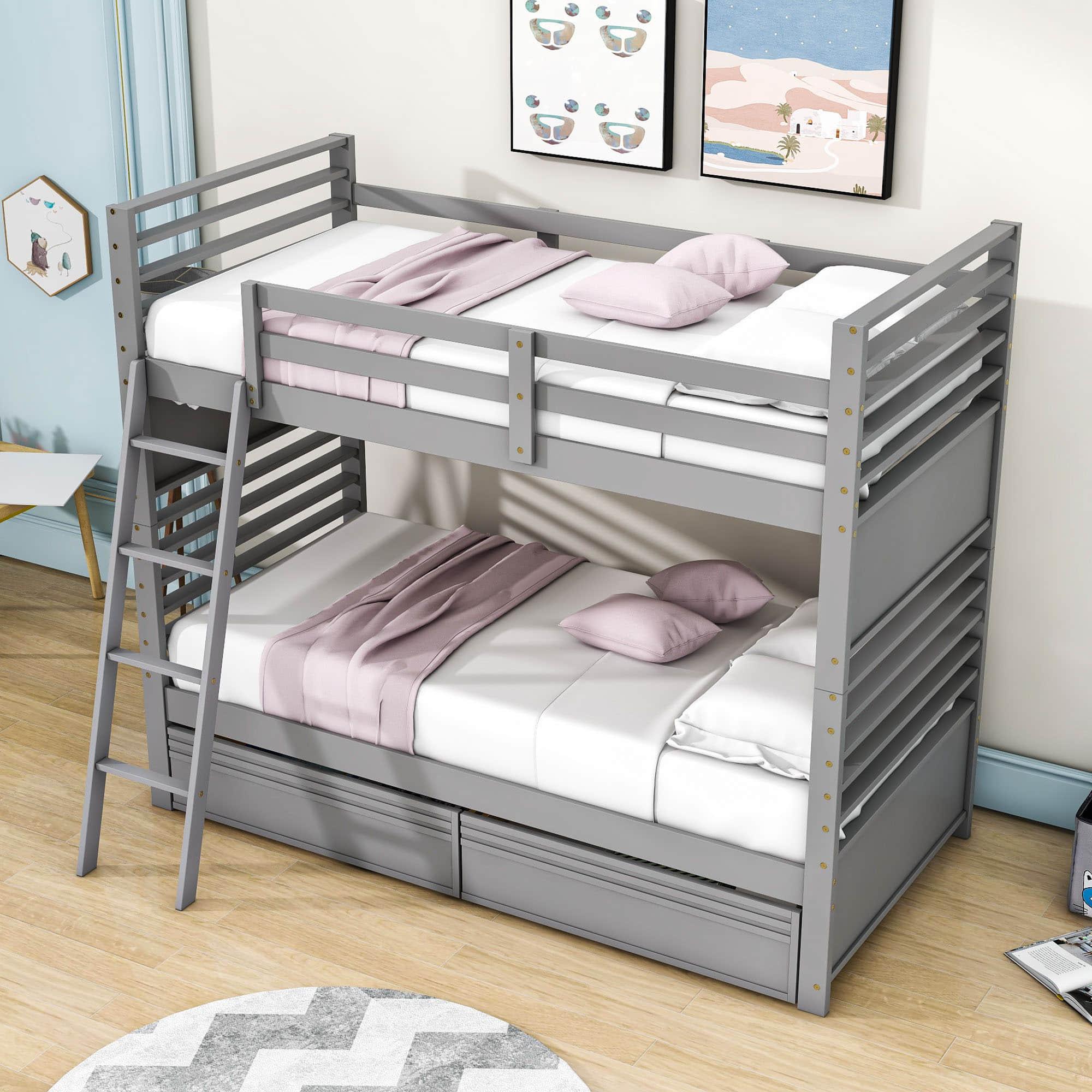 Convertible Twin Over Twin Wooden Bunk Beds with Storage Drawers