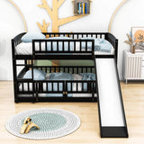 Full Over Full Low Bunk Beds with Slide and Fence - [Interchangeable Ladder, Floor]