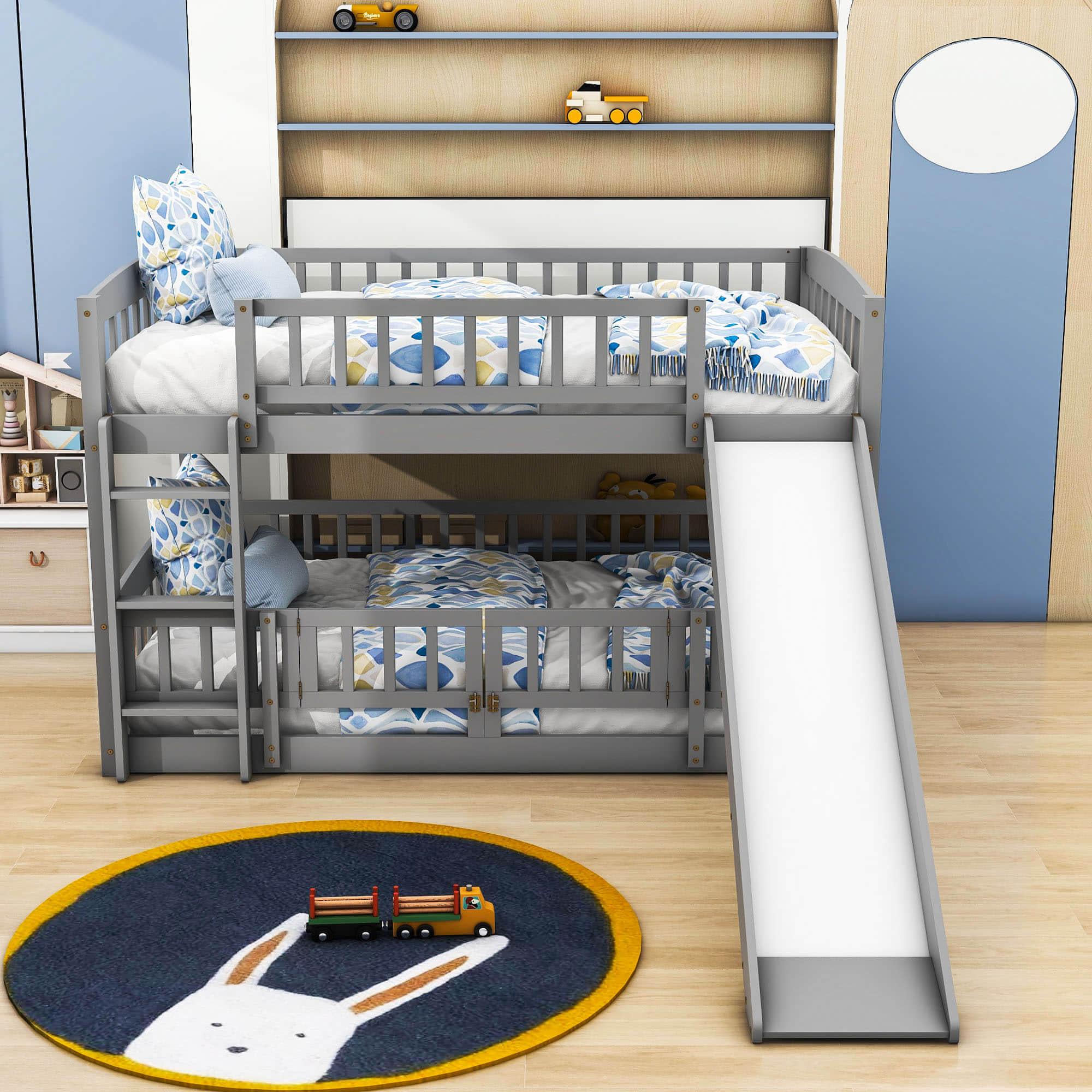 Full Over Full Low Bunk Beds with Slide and Fence - [Interchangeable Ladder, Floor]