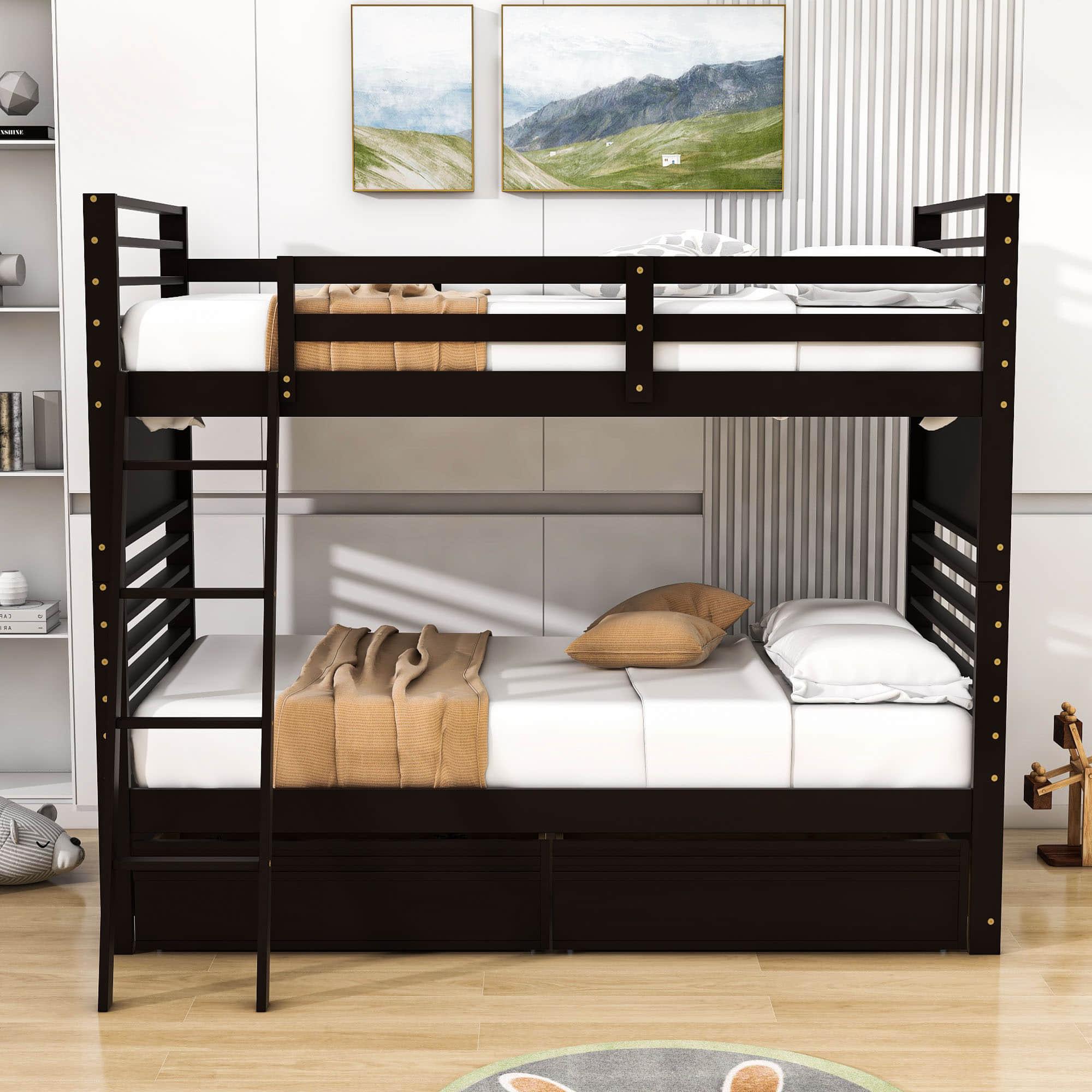 Convertible Twin Over Twin Wooden Bunk Beds with Storage Drawers