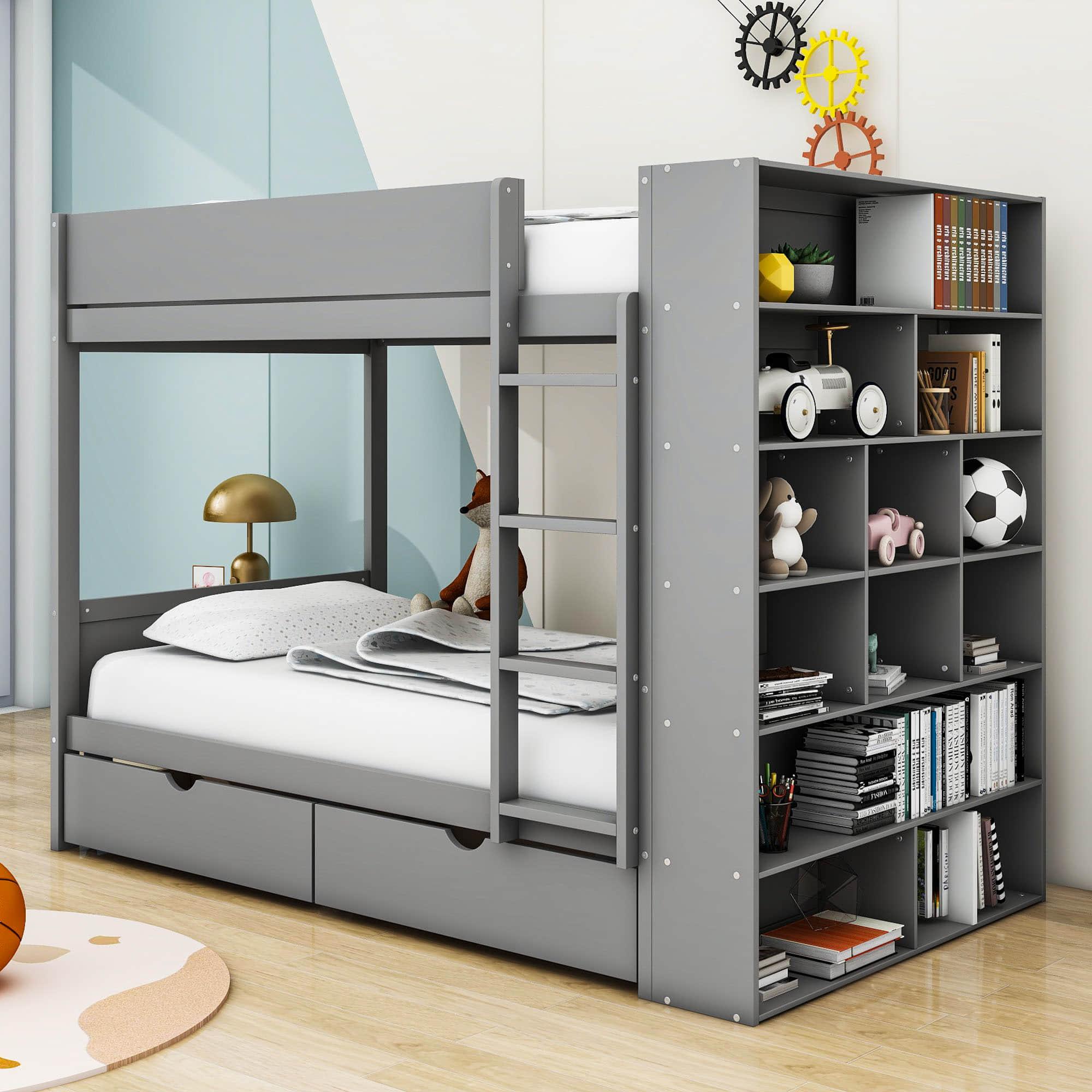 Wooden Twin Over Twin Bunk Beds with Storage Drawers, Shelves