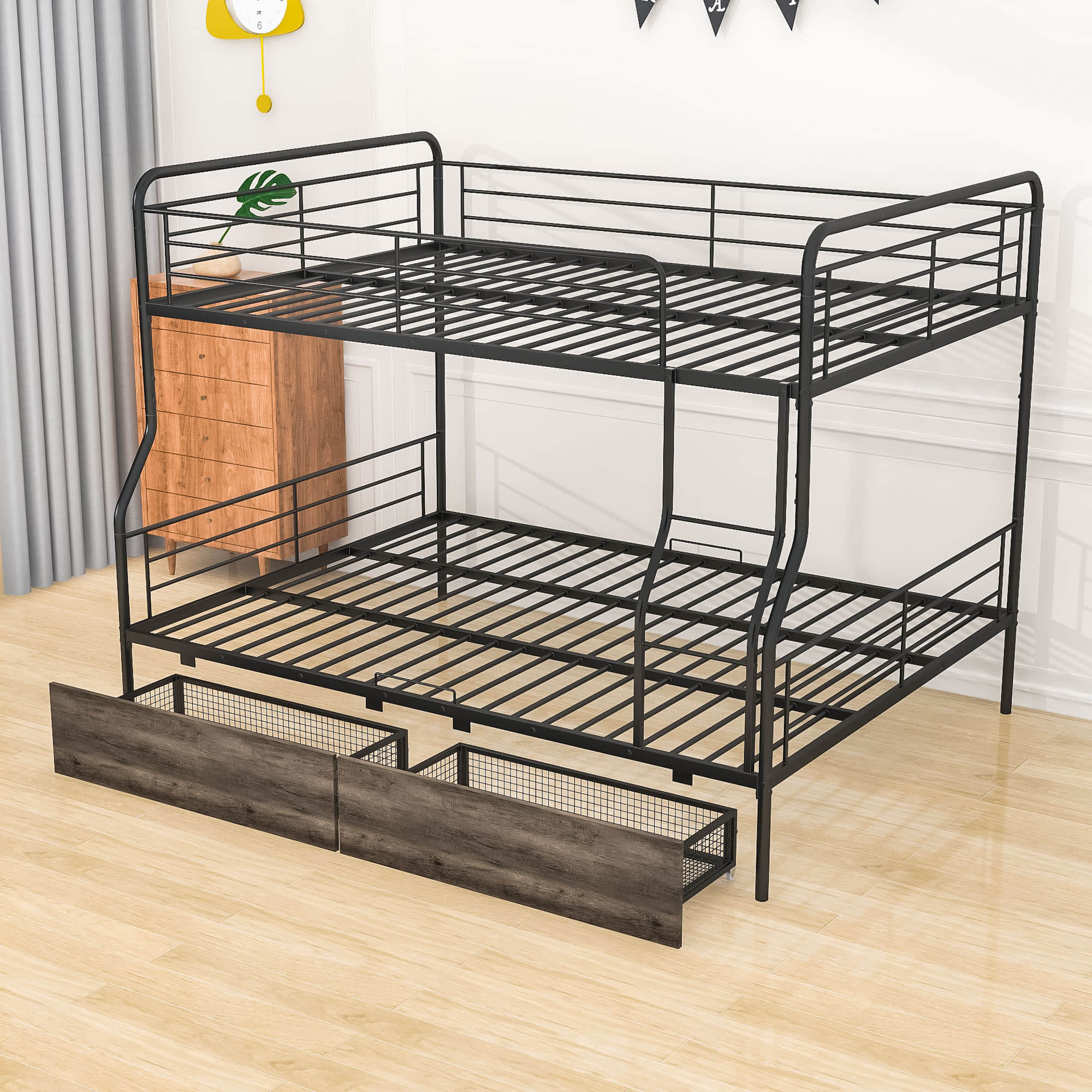 Convertible Metal Full XL Over Queen Bunk Beds with Storage Drawers