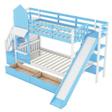 Girls Twin Over Twin Castle Bunk Bed with Slide and Stairs, Storage