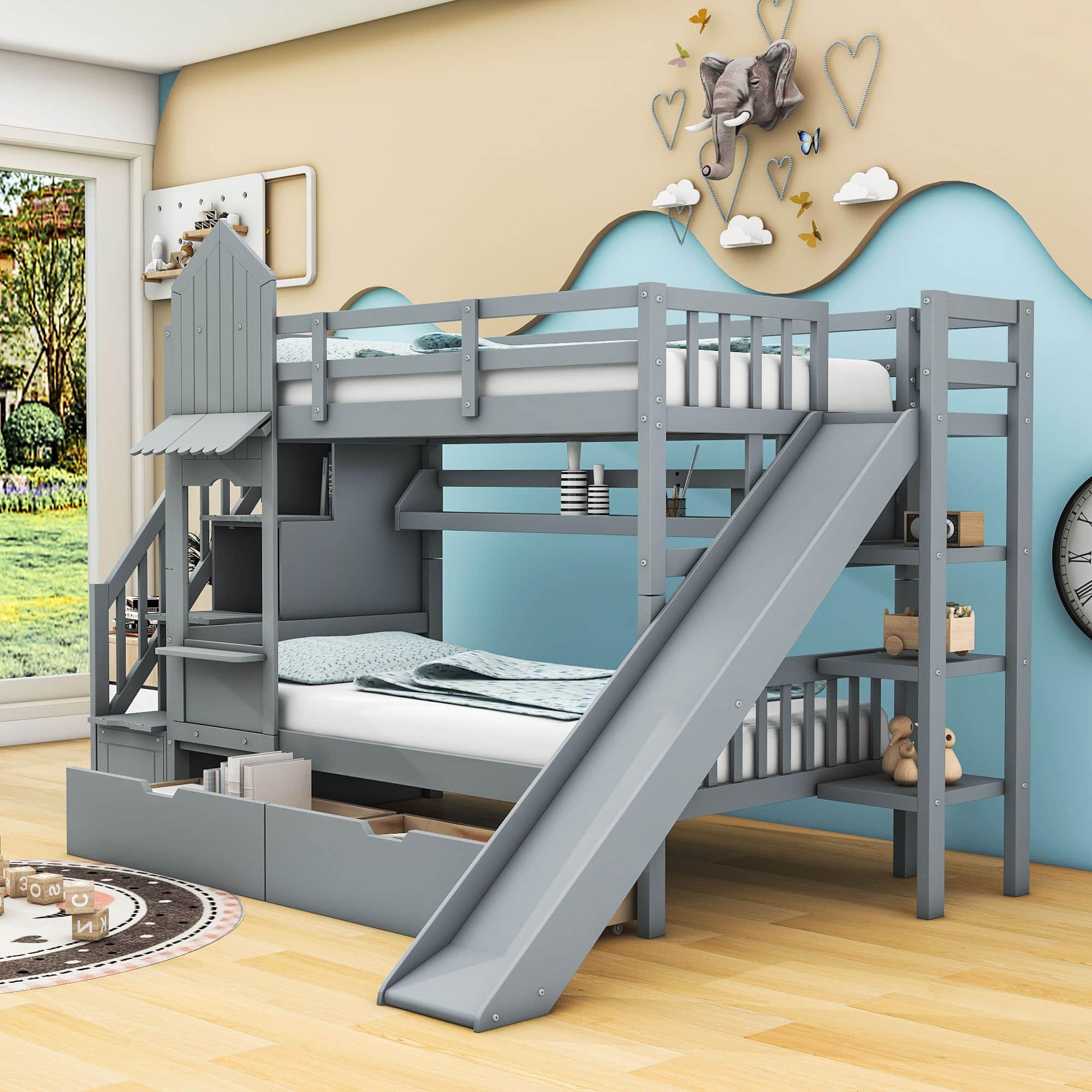 Girls Twin Over Twin Castle Bunk Bed with Slide and Stairs, Storage