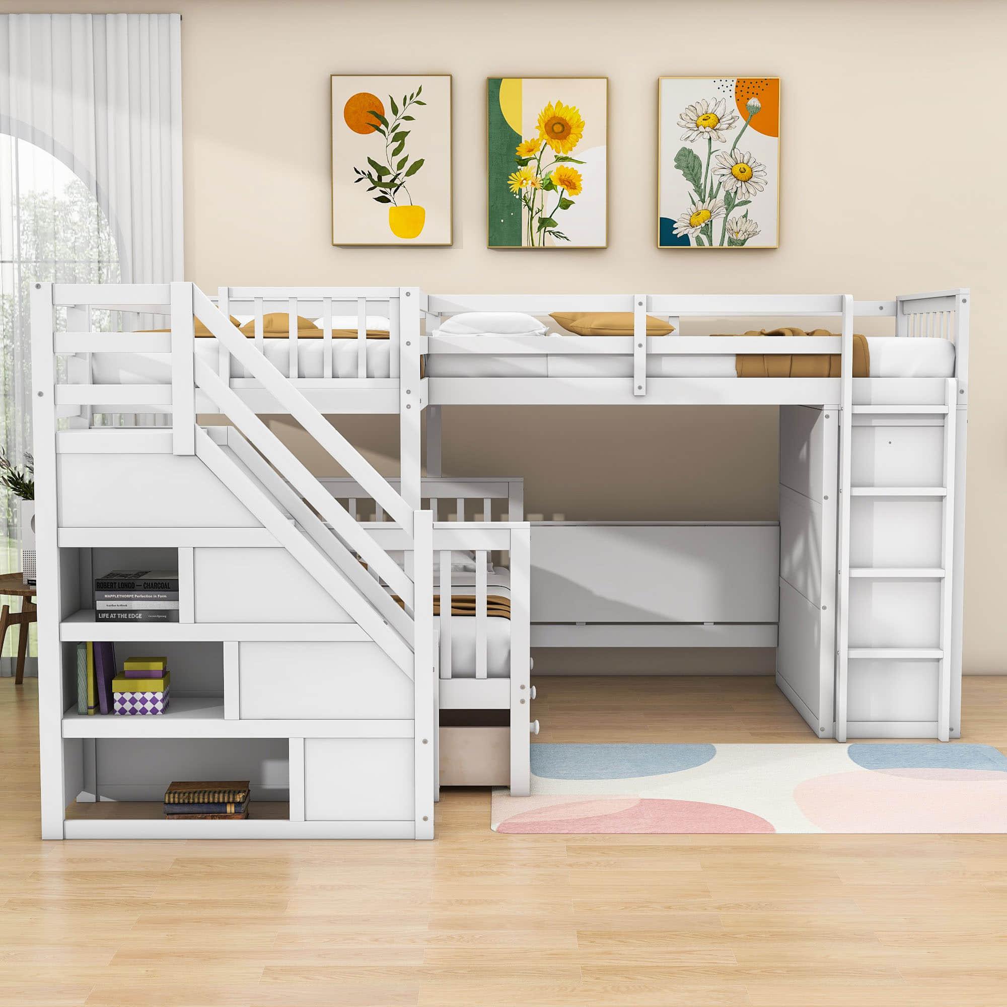 Twin Over Full Loft Triple Bunk Beds with Desk and Storage Stairs - [Drawers, Wardrobe]