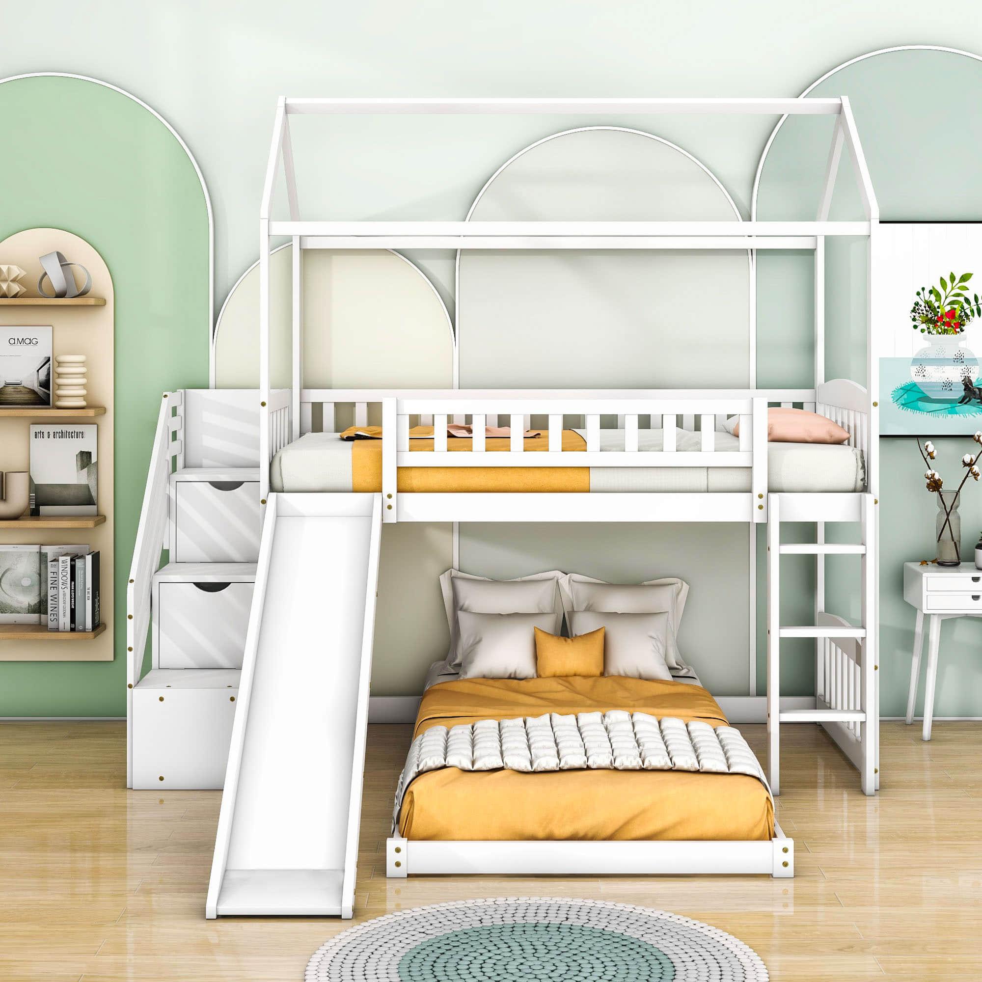 Floor Twin Bunk Beds for Toddlers Kids with Stairs and Slide - [Wood]