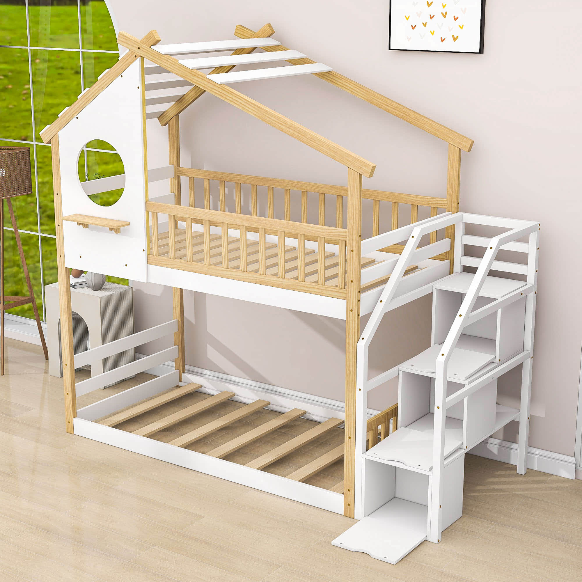 Low Twin Over Twin House Bunk Beds with Stairs and Storage for Kids, Toddler - [Floor]