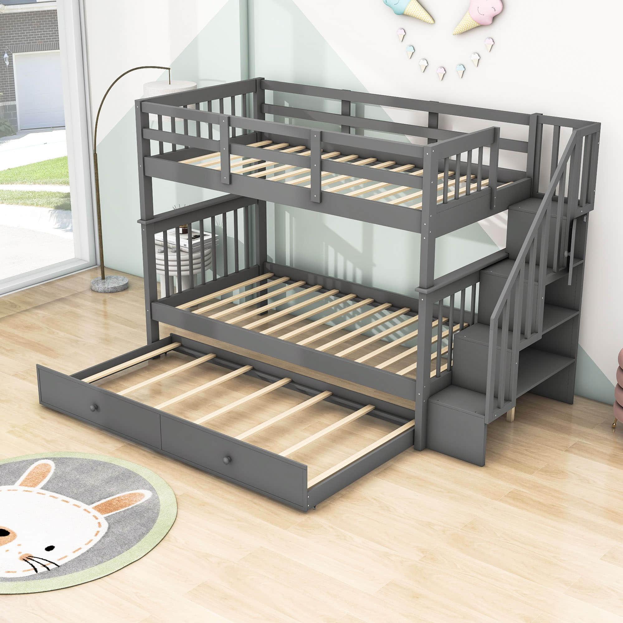 Twin Over Twin Bunk Beds with Stairs and Trundle, Storage - [Convertible, Shelves]