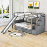 Low Twin Over Twin Bunk Bed with Desk and Stairs, Slide, Storage