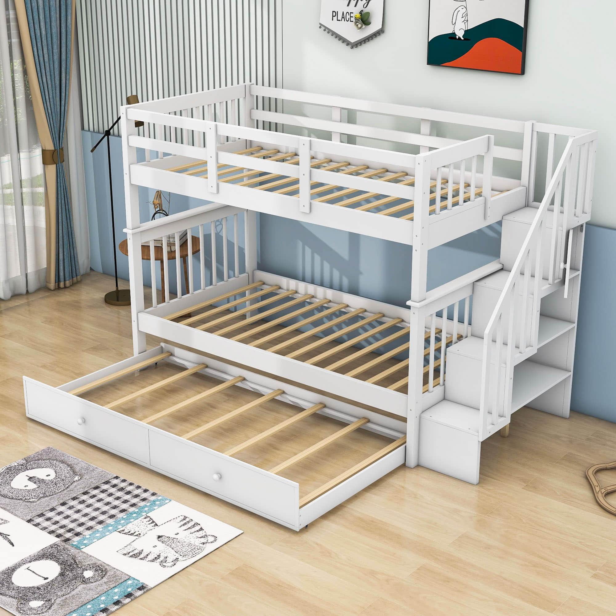 Twin Over Twin Bunk Beds with Stairs and Trundle, Storage - [Convertible, Shelves]