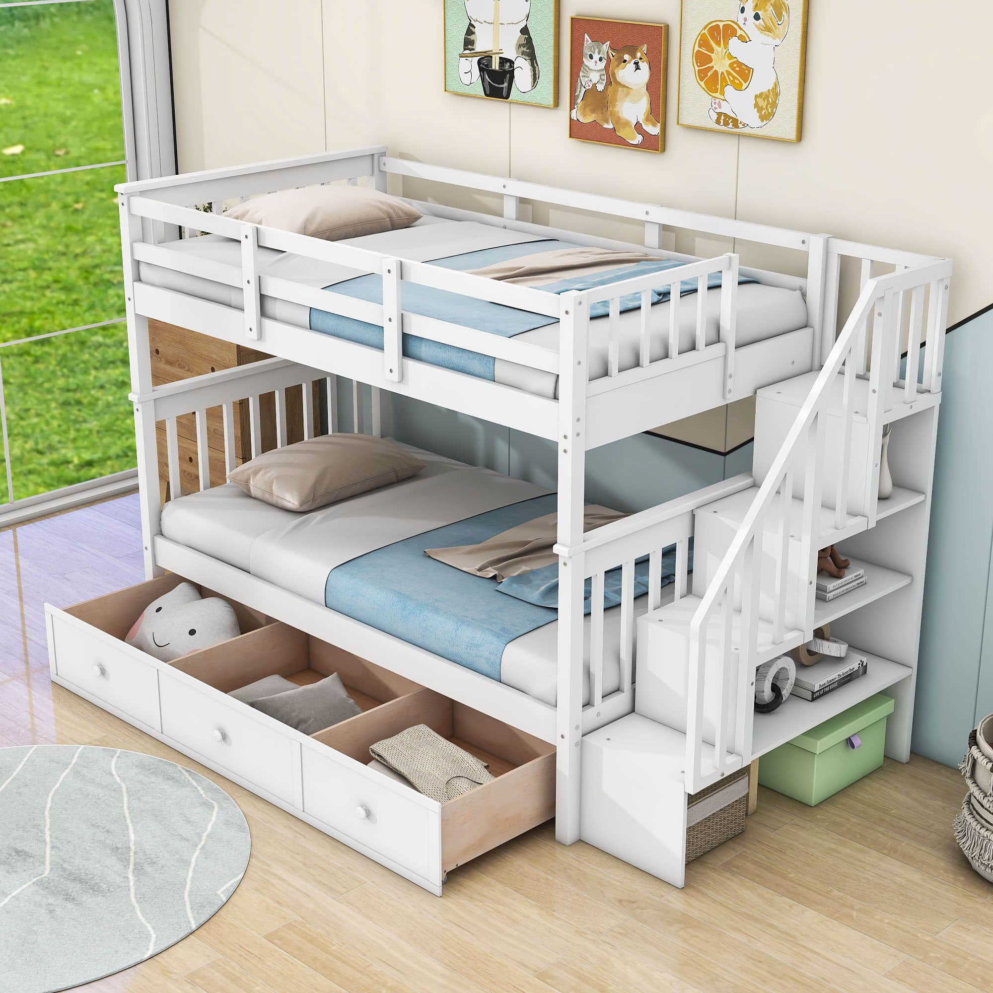 Twin Over Twin Bunk Bed With Stairs and Storage - [Drawers, Shelves, Wood]