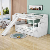 Low Twin Over Twin Bunk Bed with Desk and Stairs, Slide, Storage