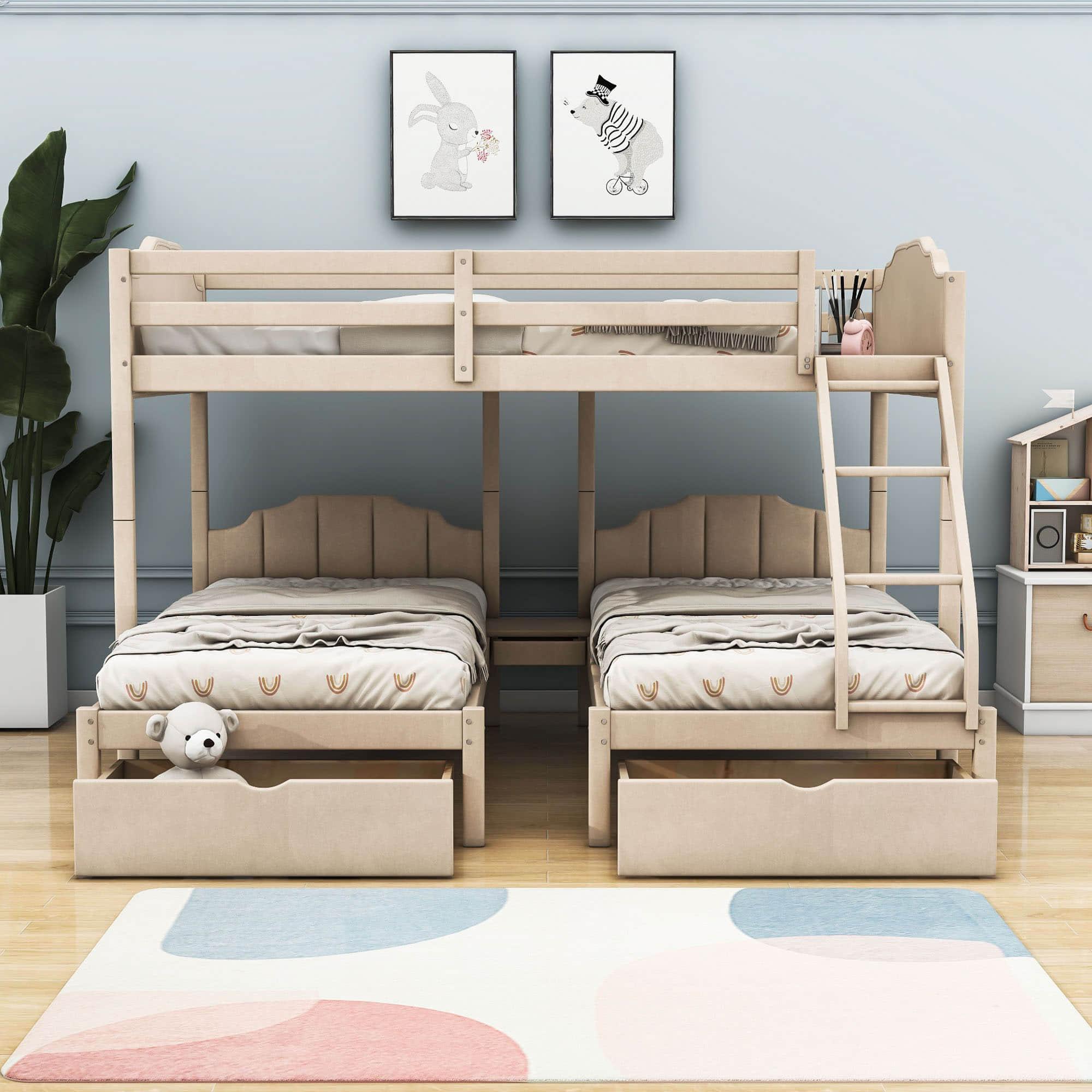 Upholstered Full Over Twin & Twin Triple Bunk Bed with Storage - [Drawers, L-Shaped]