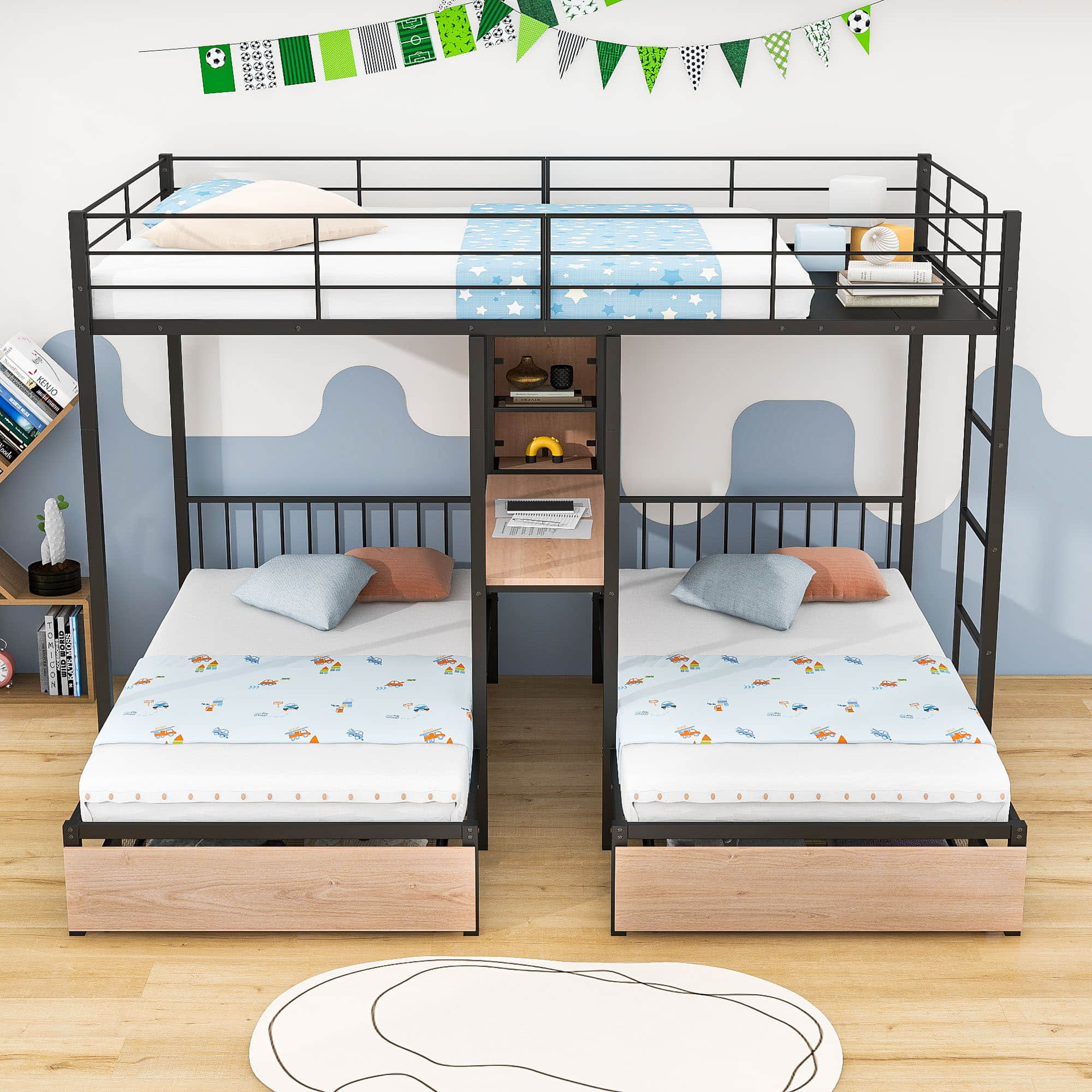 L-Shaped Full Over Twin & Twin Metal Triple Bunk Bed with Desk and Storage