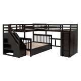 Twin Over Full Loft Triple Bunk Beds with Desk and Storage Stairs - [Drawers, Wardrobe]