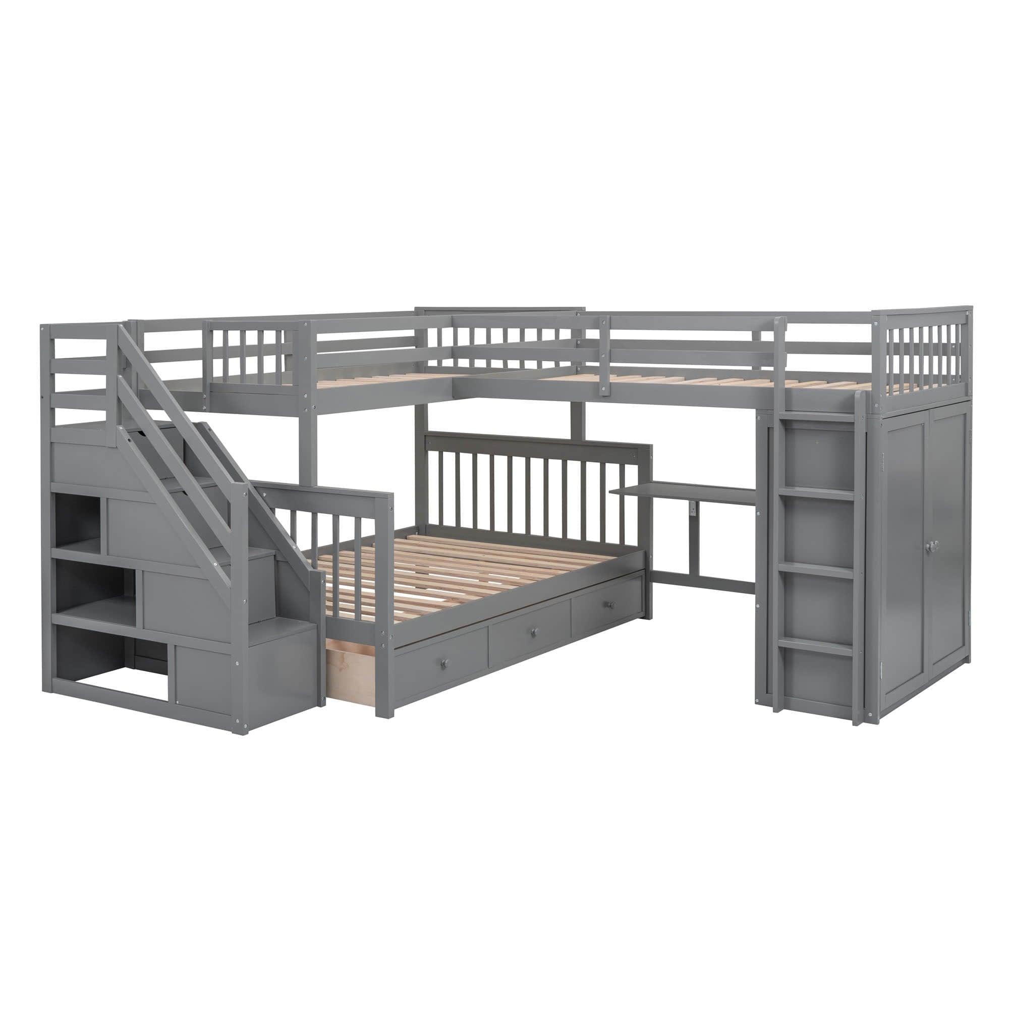 Twin Over Full Loft Triple Bunk Beds with Desk and Storage Stairs - [Drawers, Wardrobe]