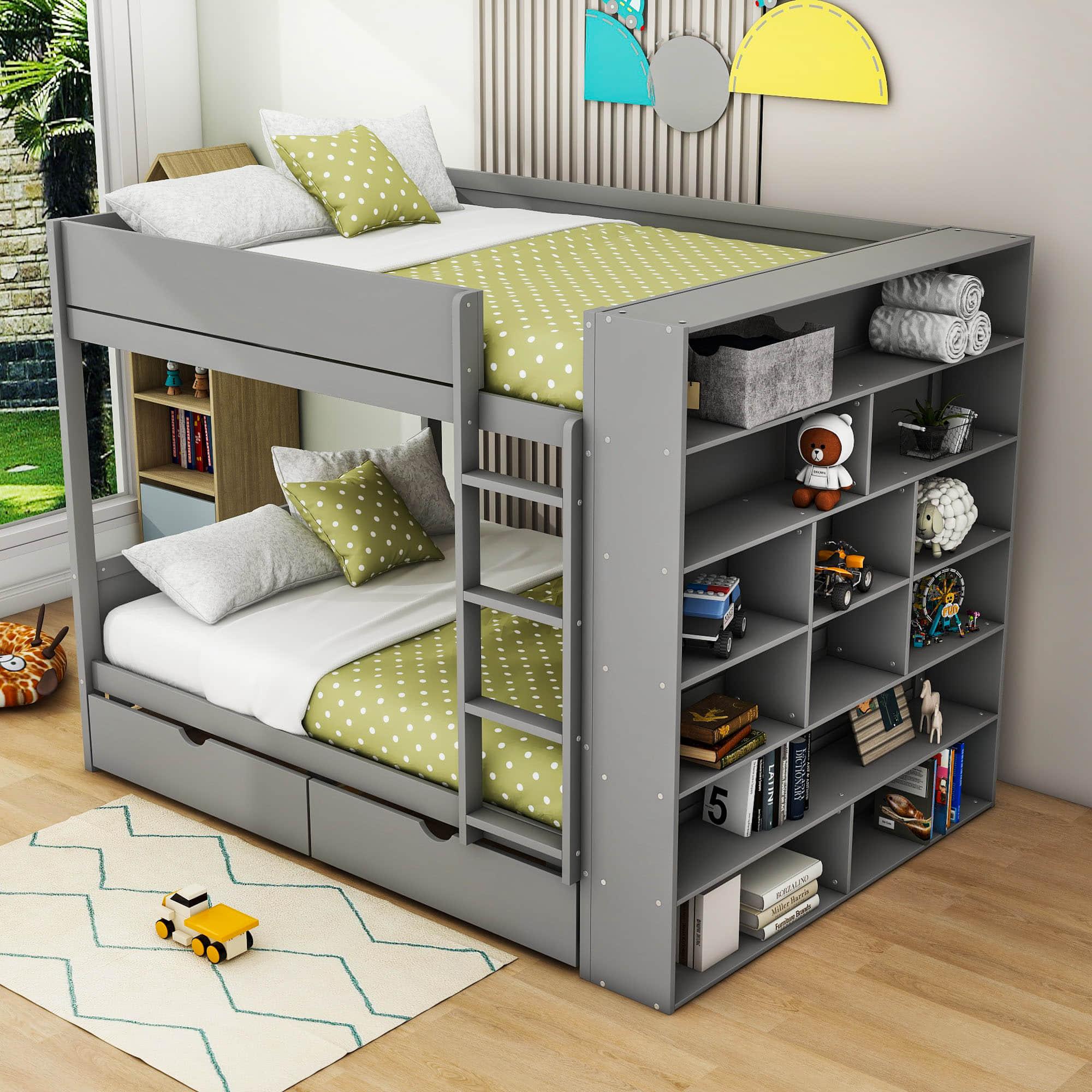 Wooden Full Over Full Bunk Beds with Storage Drawers, Shelves