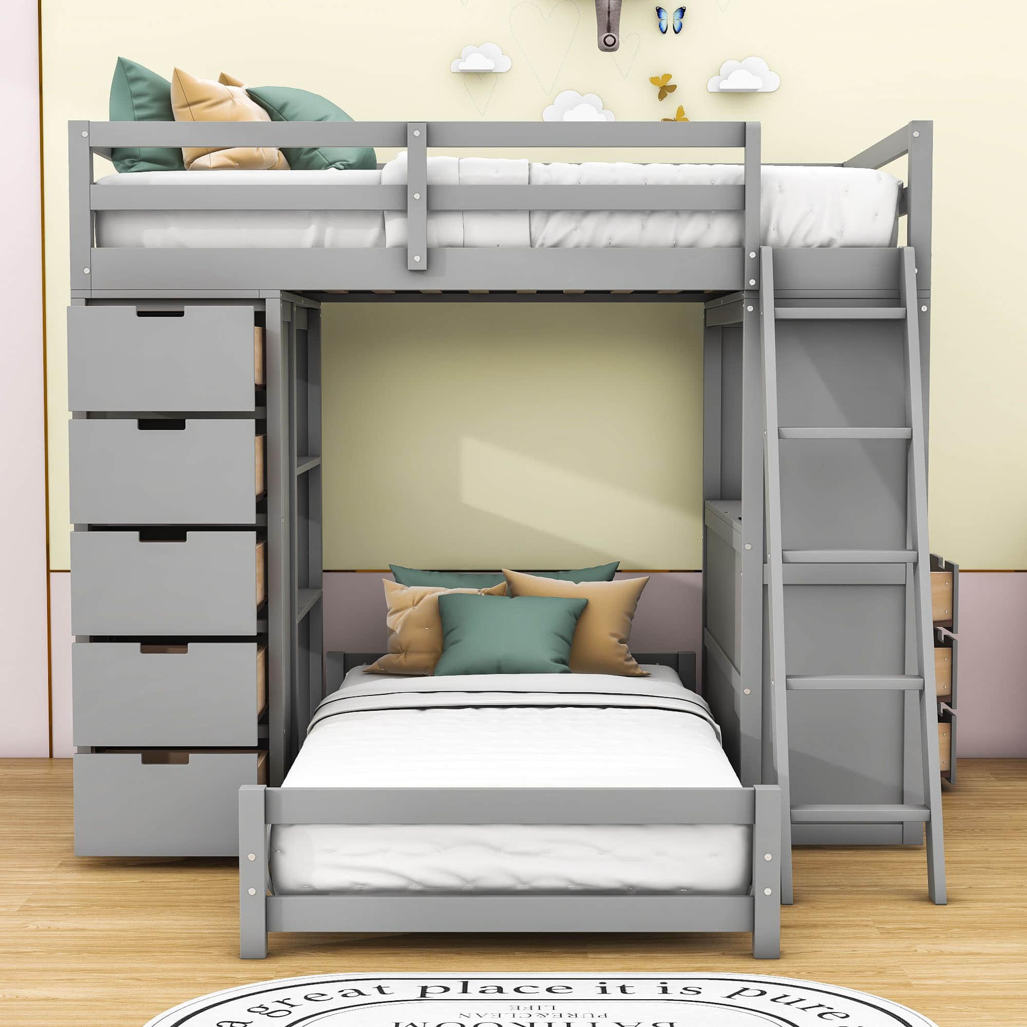 Smart Twin Over Twin Bunk Beds with Desk and Storage Chest, Drawers