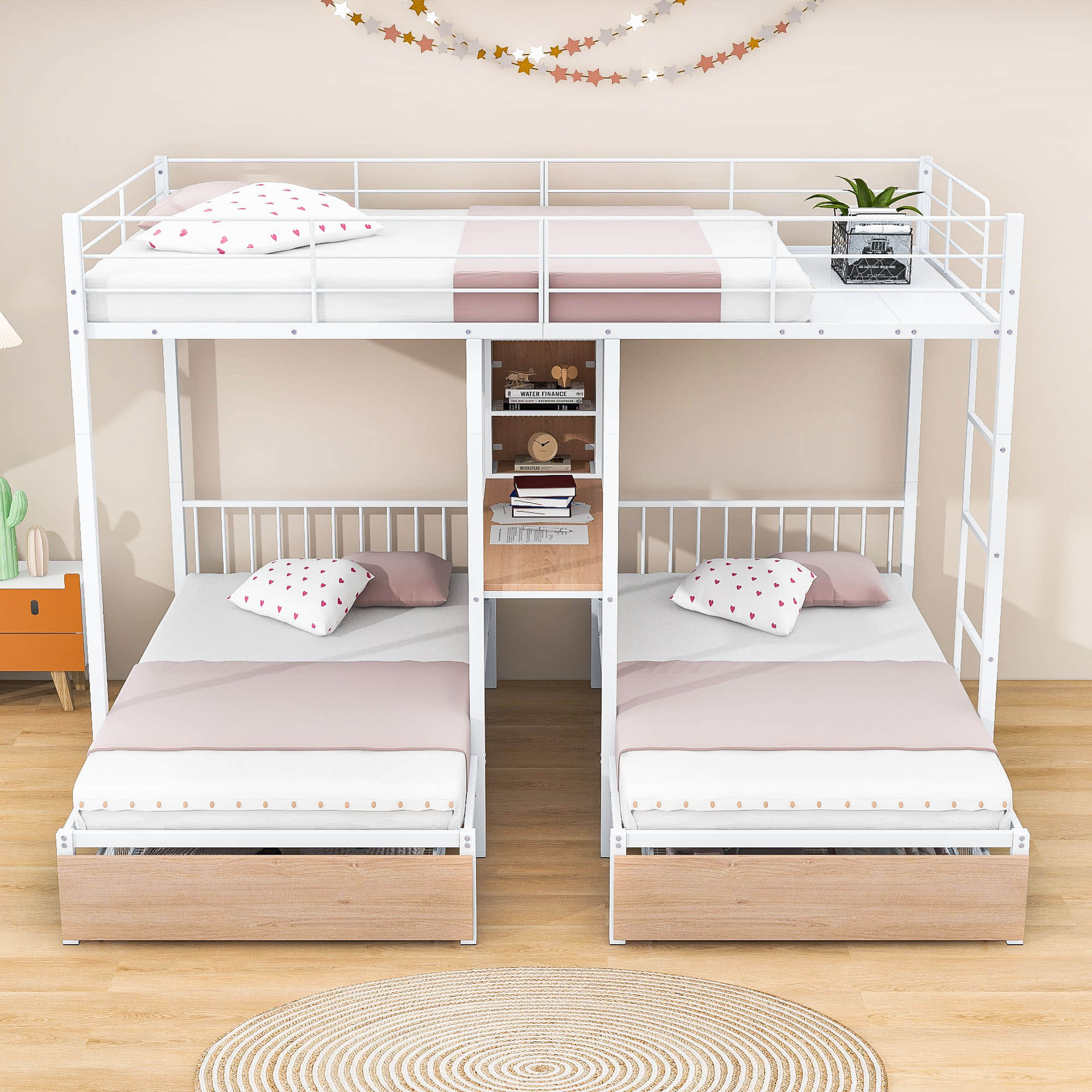 L-Shaped Full Over Twin & Twin Metal Triple Bunk Bed with Desk and Storage