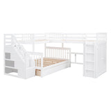 Twin Over Full Loft Triple Bunk Beds with Desk and Storage Stairs - [Drawers, Wardrobe]