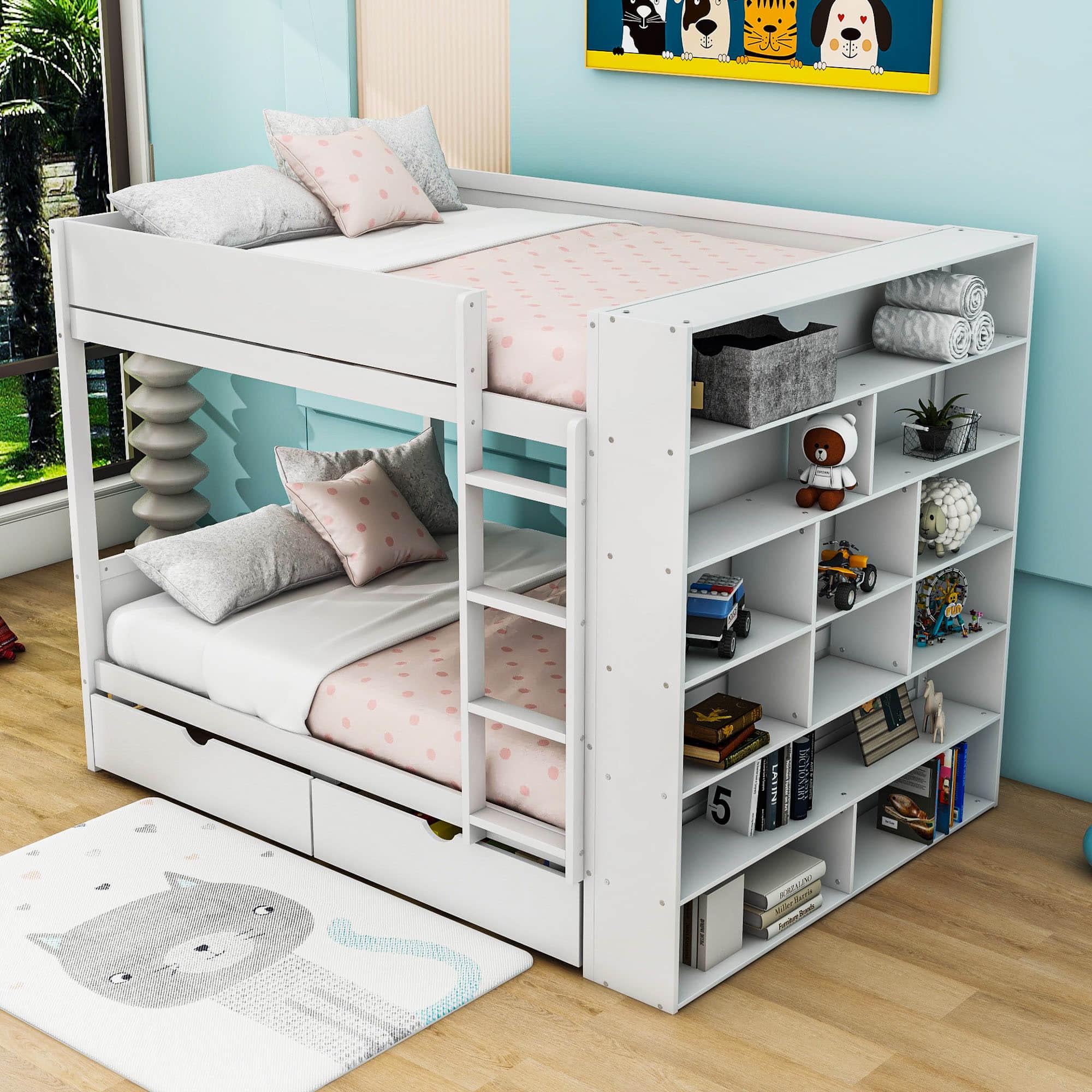 Wooden Full Over Full Bunk Beds with Storage Drawers, Shelves