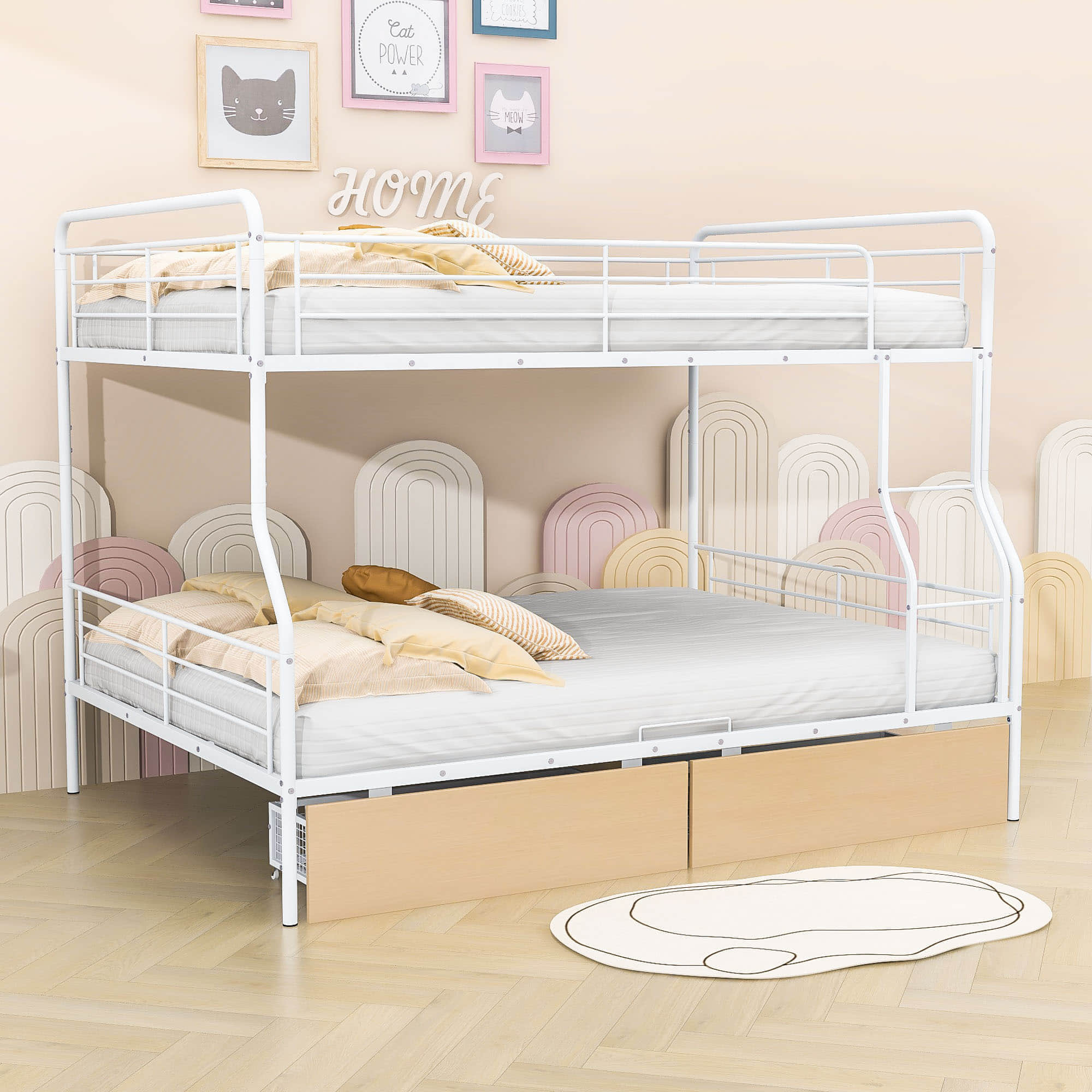 Convertible Metal Full XL Over Queen Bunk Beds with Storage Drawers