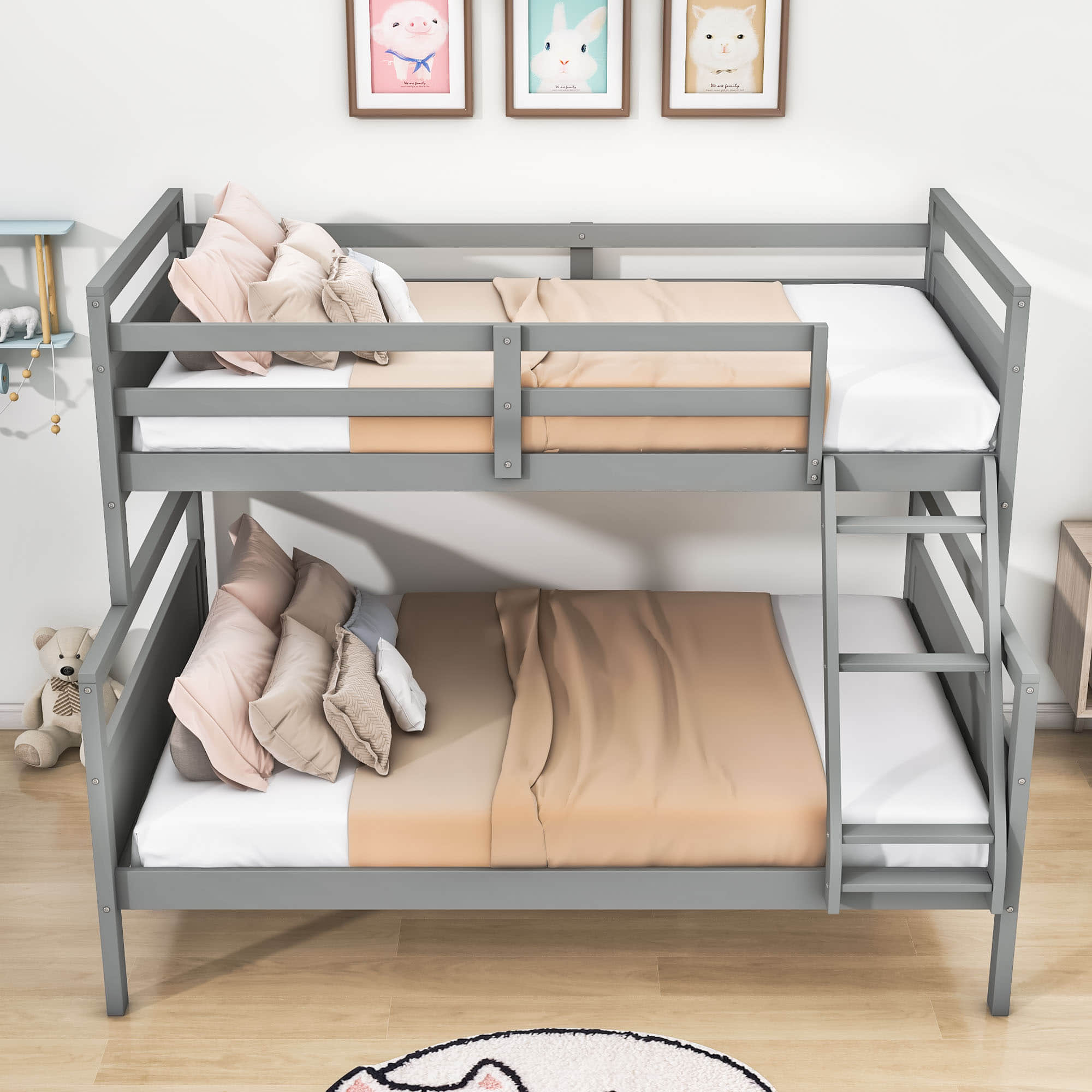 Wooden Twin Over Full Convertible Bunk Bed for Kids, Adults