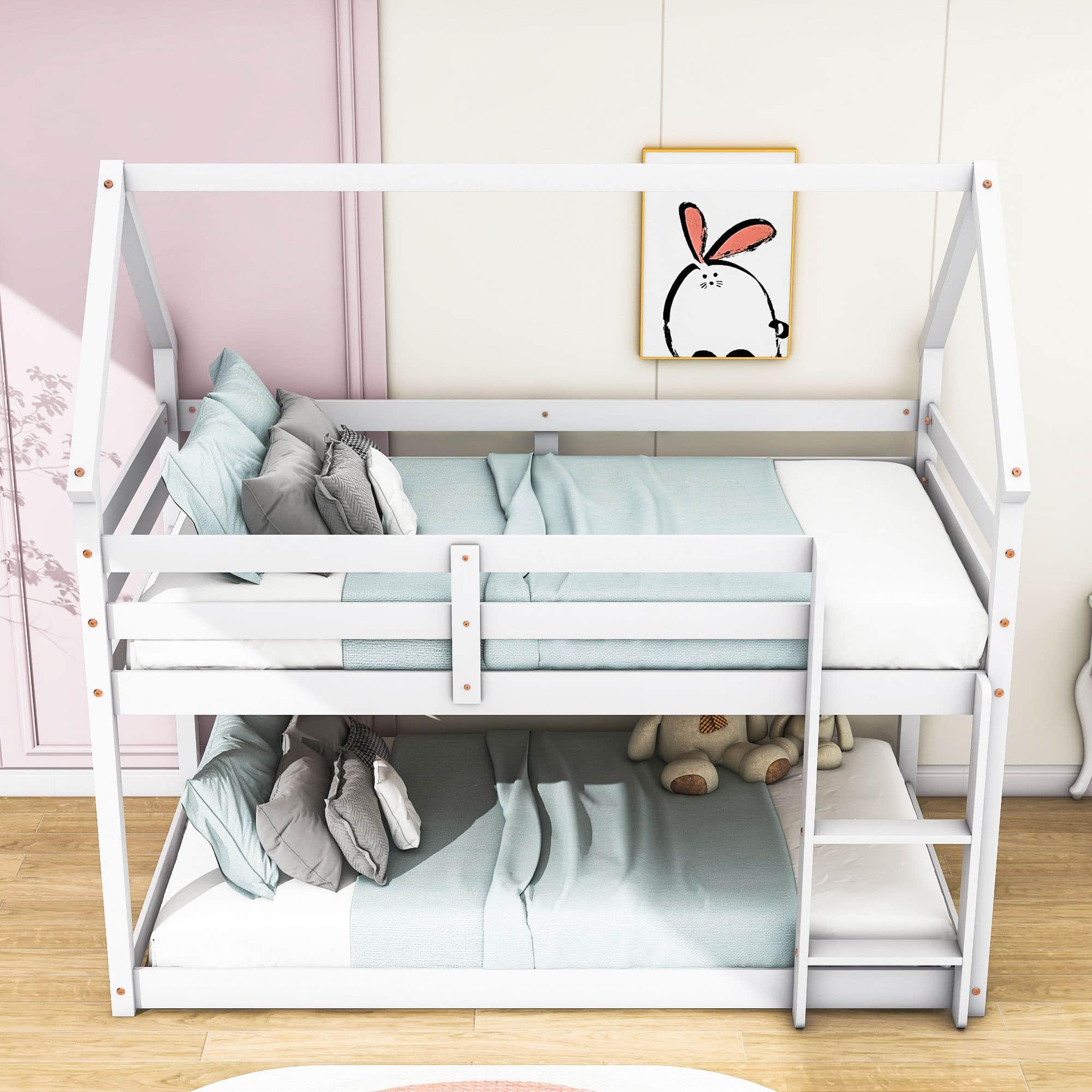 Small Low Twin Over Twin House Floor Bunk Beds for Kids, Toddler