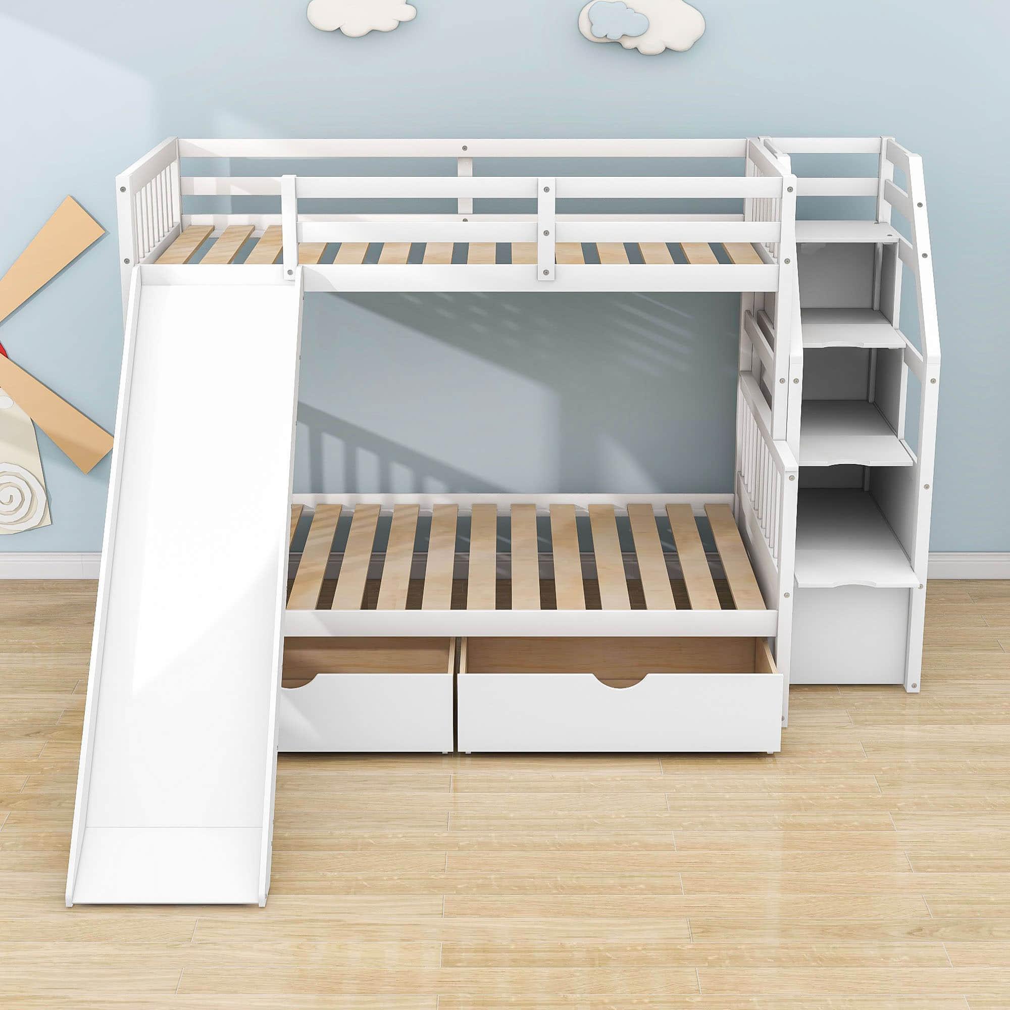 Twin Over Full Bunk Beds with Slide and Stairs, Storage for Kids - [Drawers, Cabinet]