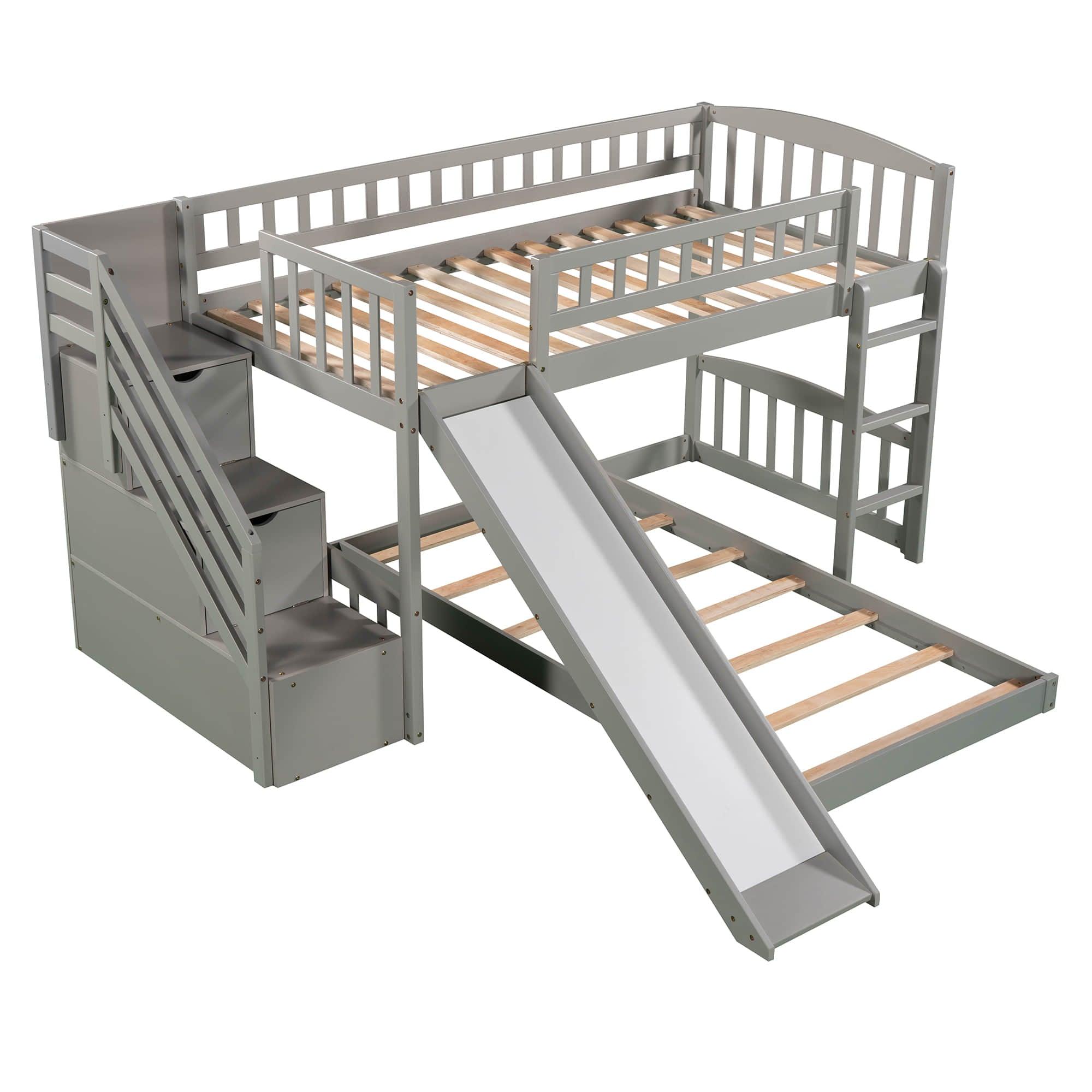 Twin Over Twin L-Shaped Floor Bunk Beds with Stairs and Slide for Kids