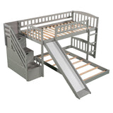 Twin Over Twin L-Shaped Floor Bunk Beds with Stairs and Slide for Kids