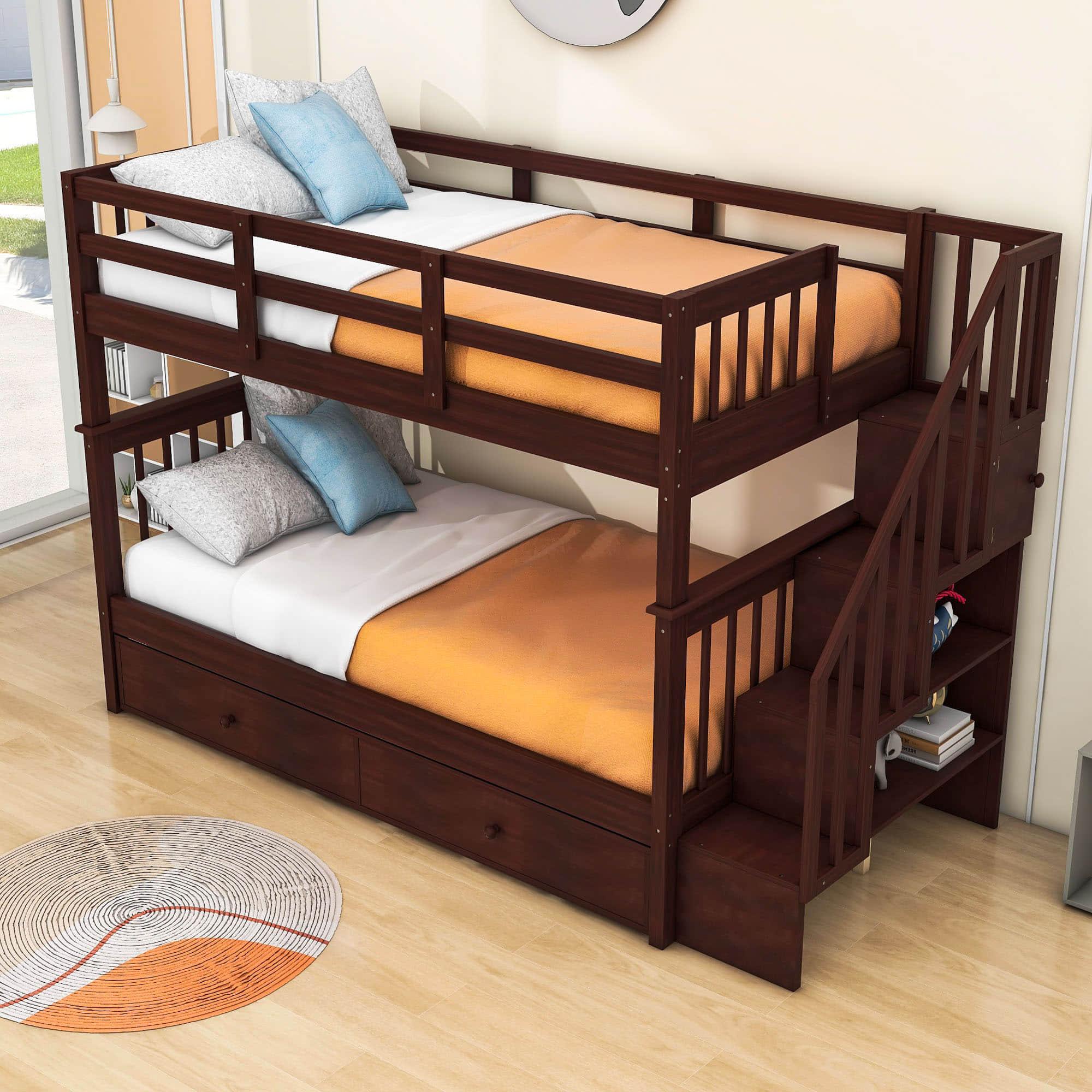 Twin Over Twin Bunk Beds with Stairs and Trundle, Storage - [Convertible, Shelves]