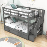 Twin Over Twin Bunk Beds with Stairs and Trundle, Storage - [Convertible, Shelves]