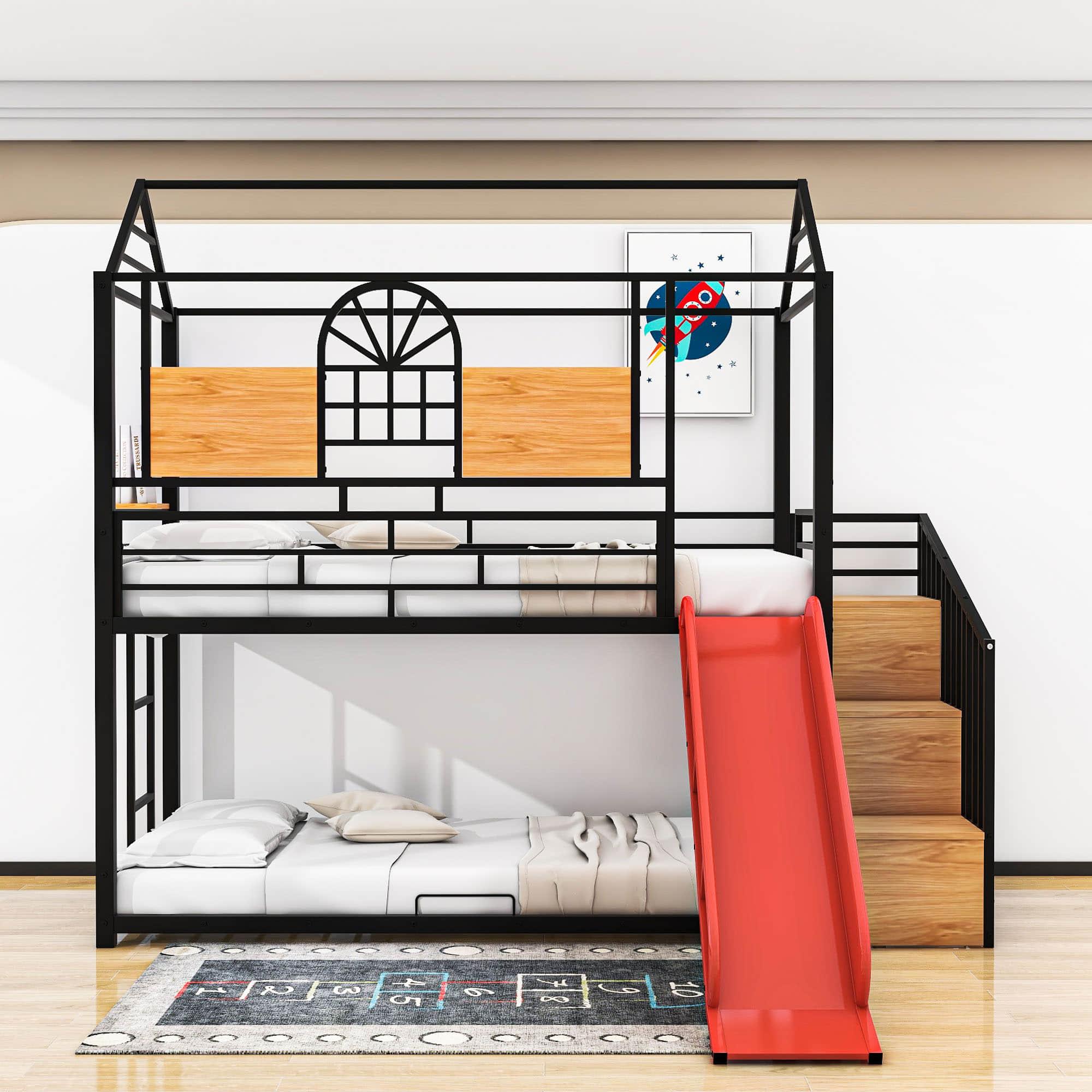 Kids Low Twin Over Twin House Metal Bunk Beds with Stairs and Slide