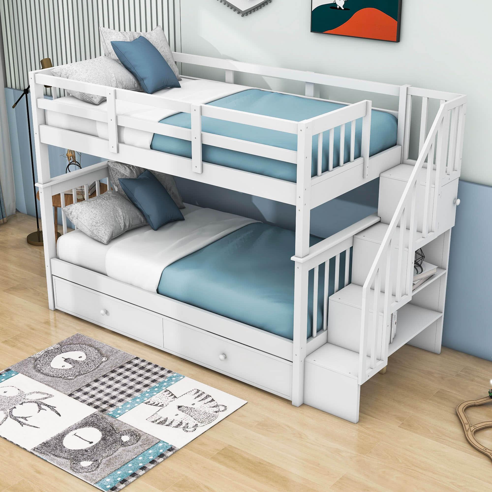 Twin Over Twin Bunk Beds with Stairs and Trundle, Storage - [Convertible, Shelves]