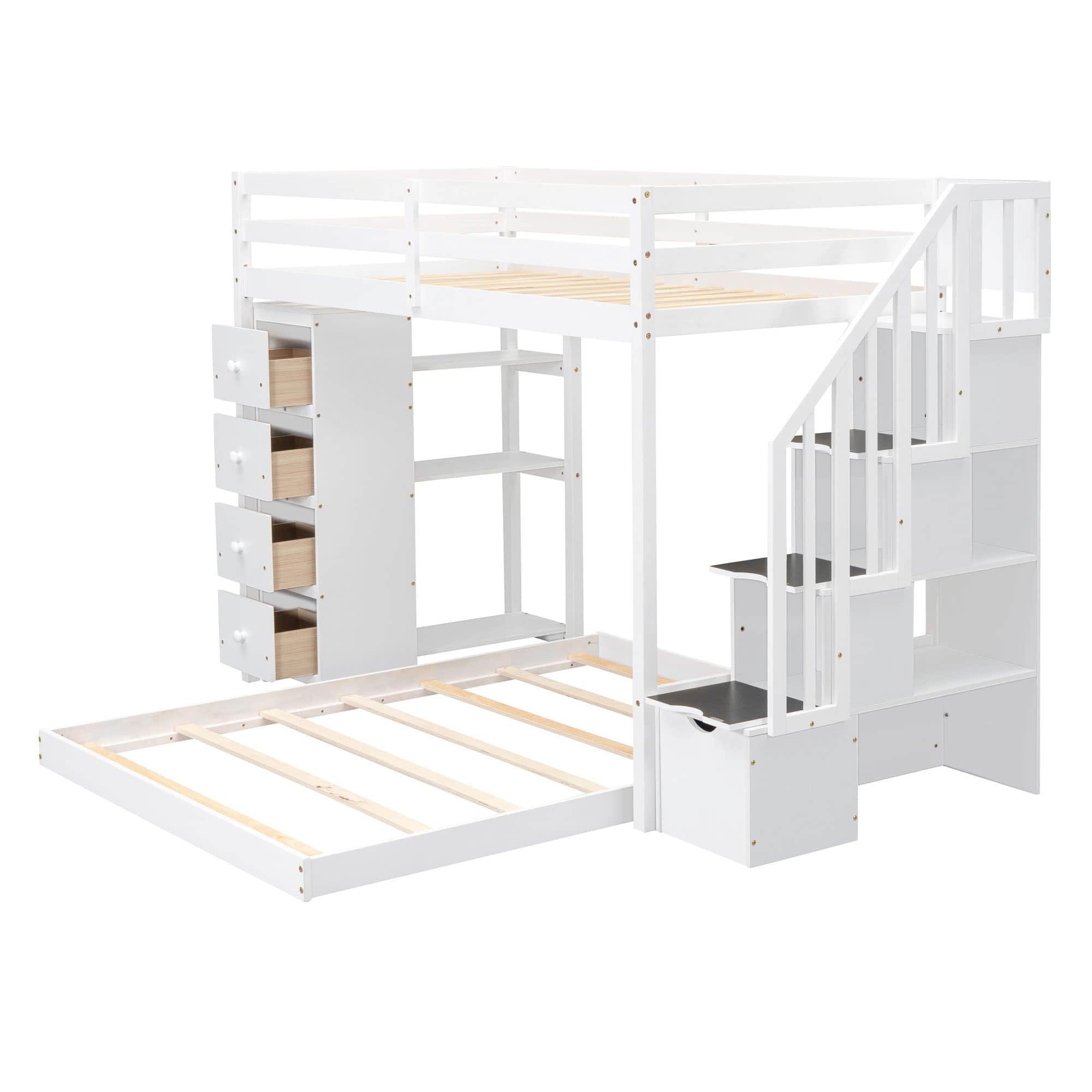 L-Shaped Twin Over Full Floor Bunk Beds for Toddlers, Kids with Stairs