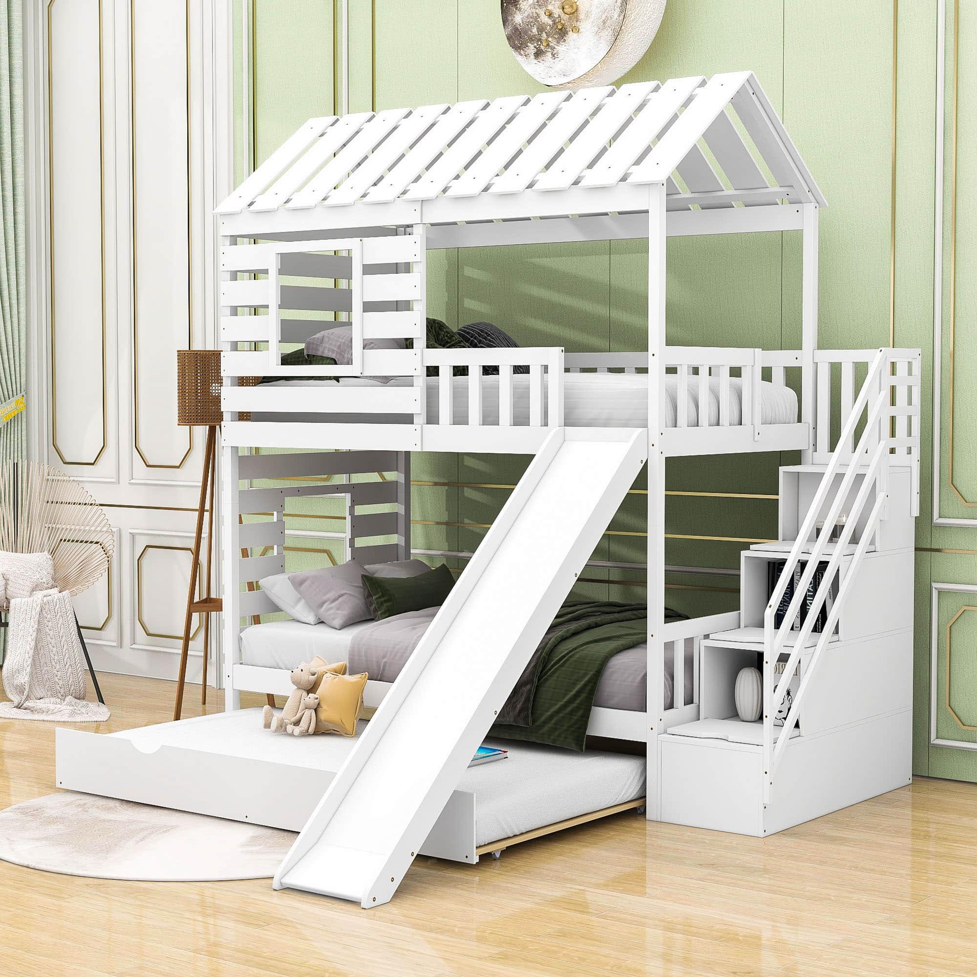 Twin Over Twin House Bunk Beds with Slide and Stairs, Trundle for Kids - [Wooden]