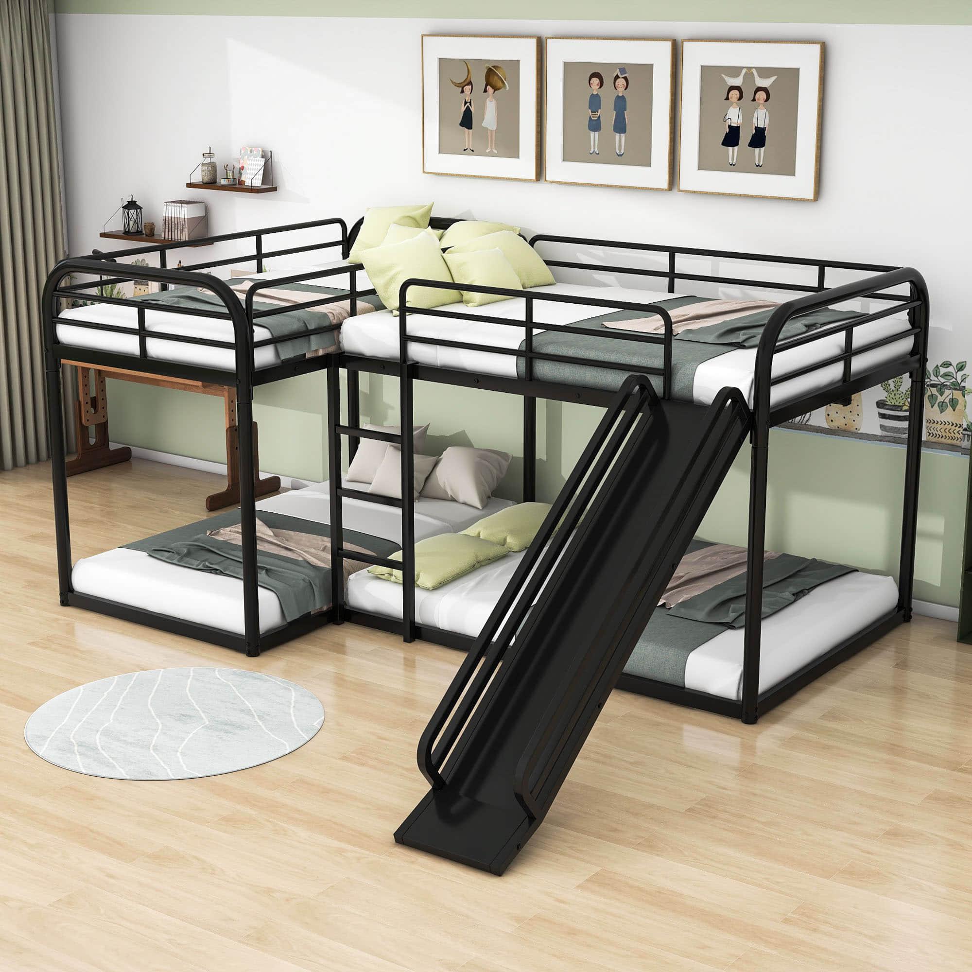 Metal Full & Twin Quad Bunk Beds with Slide for Kids, Toddler - [L-Shaped]