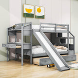 Low Twin Over Twin Bunk Bed with Desk and Stairs, Slide, Storage