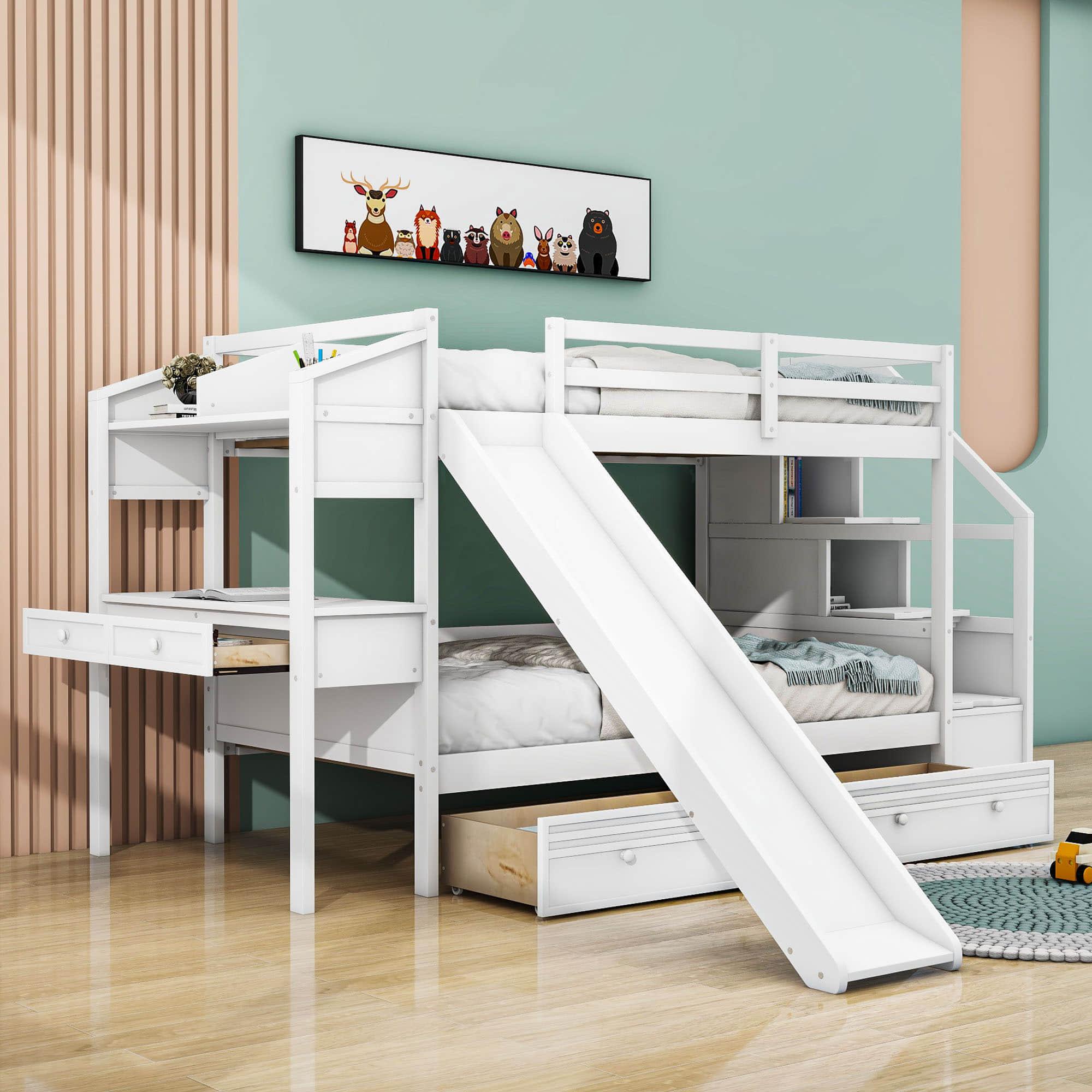 Low Twin Over Twin Bunk Bed with Desk and Stairs, Slide, Storage