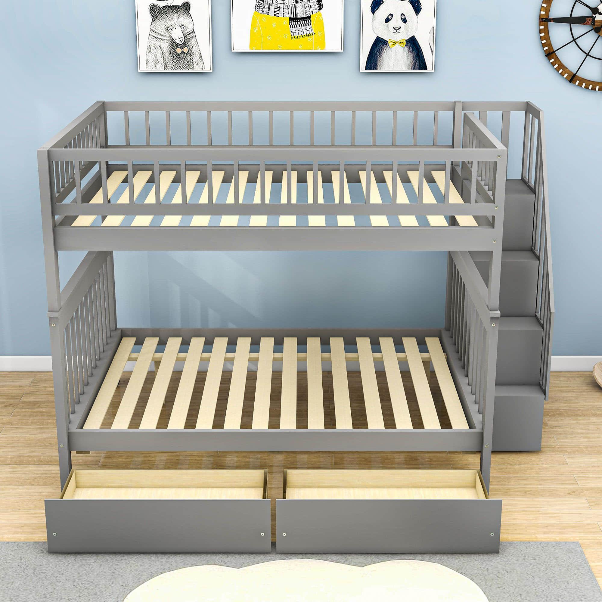 Wood Full Over Full Bunk Beds for Adults Kids with Stairs and Storage