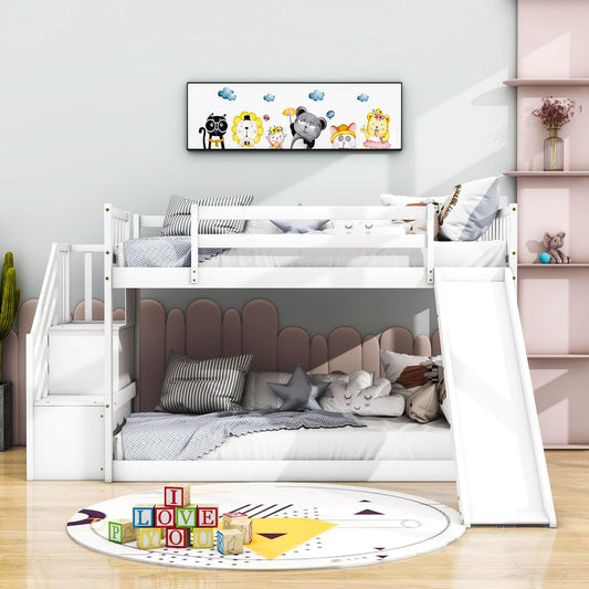 Low Twin Over Twin Toddler Bunk Beds with Stairs and Slide - [Floor]