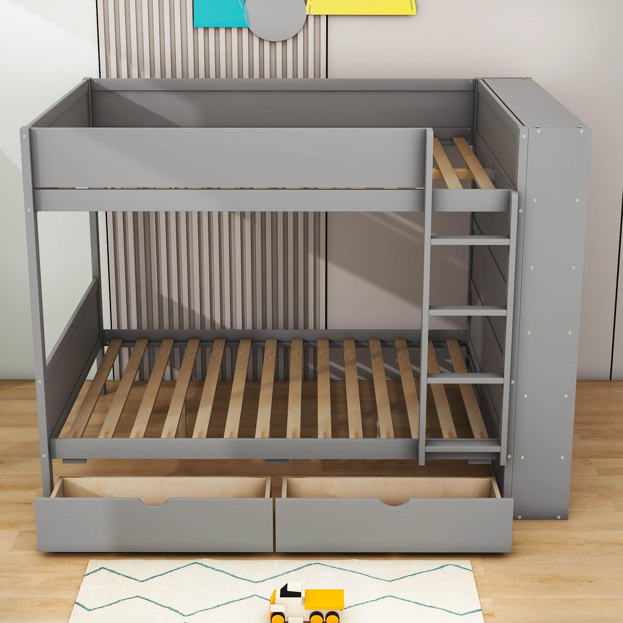 Wooden Full Over Full Bunk Beds with Storage Drawers, Shelves