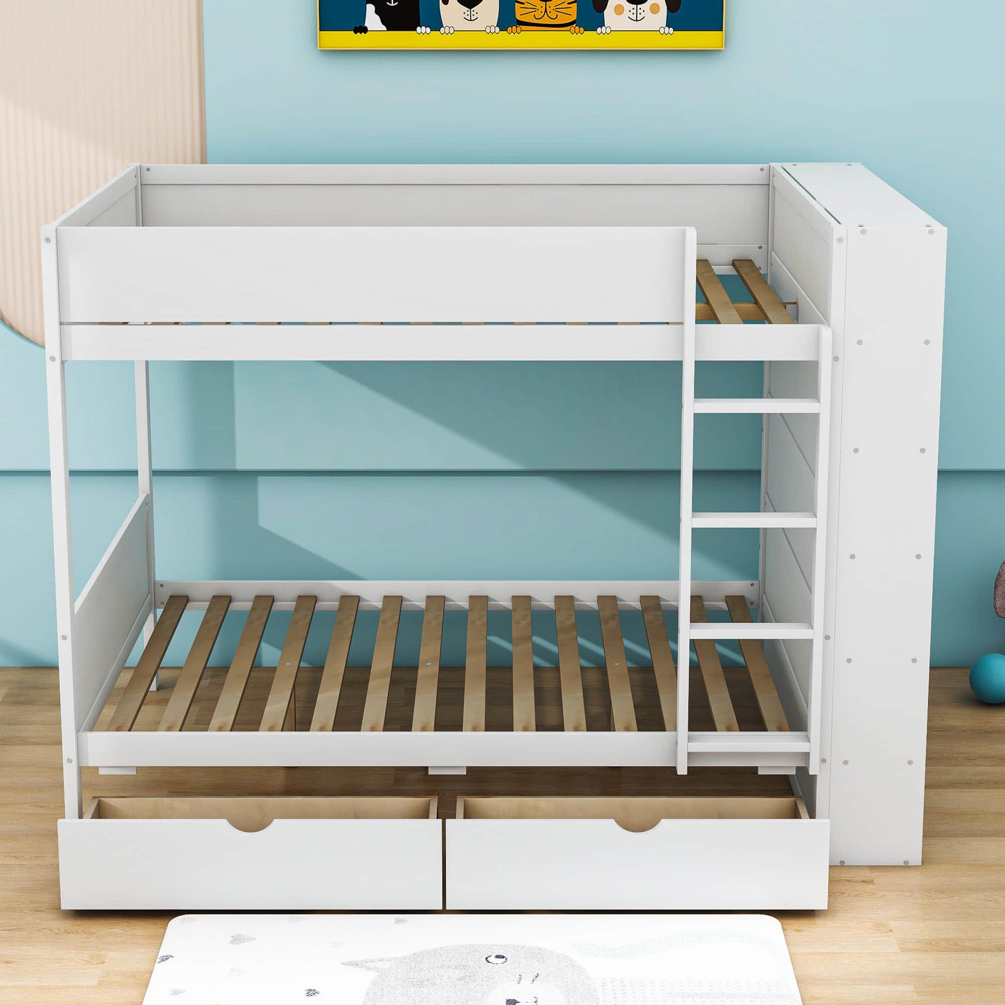 Wooden Full Over Full Bunk Beds with Storage Drawers, Shelves